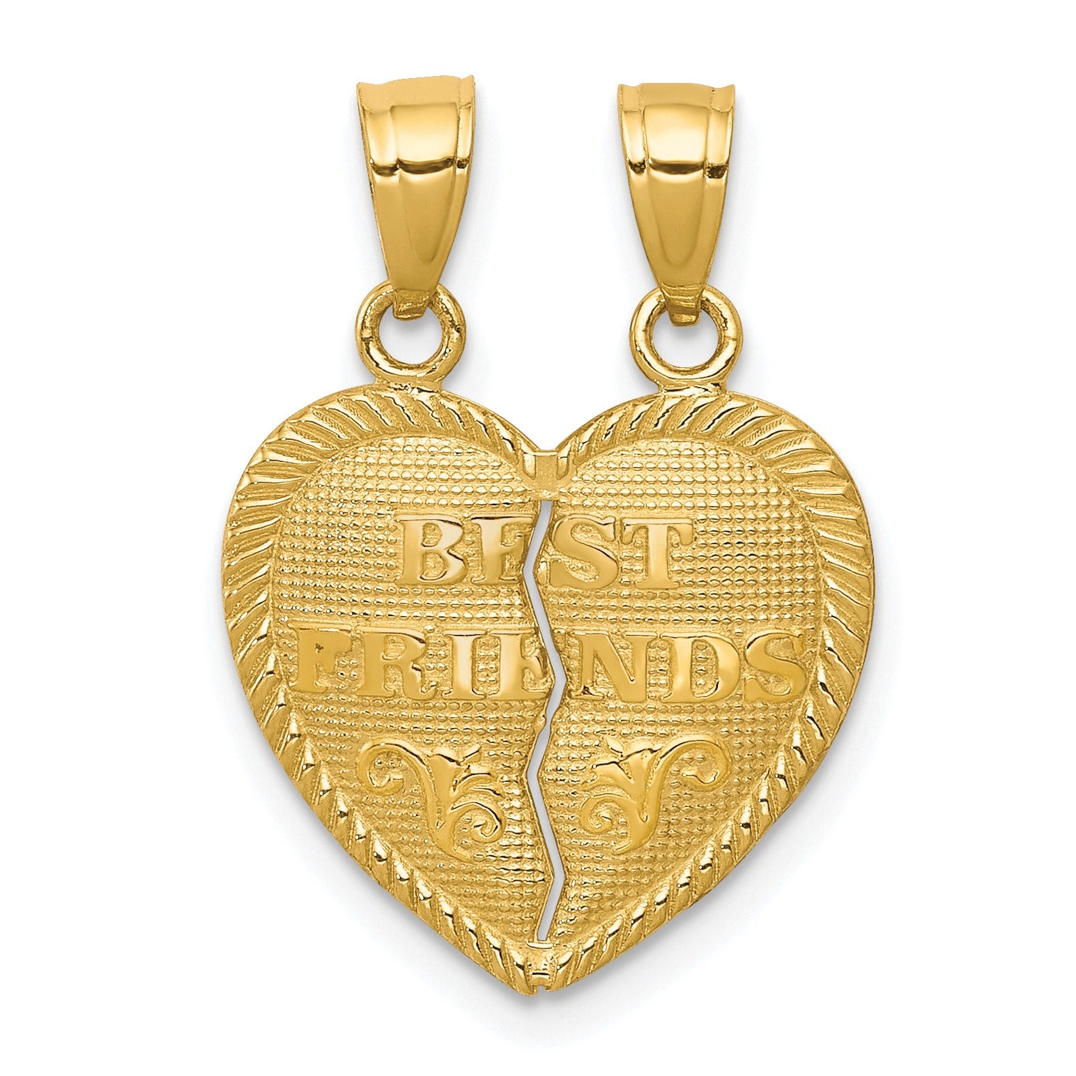 Gold best friends split heart pendant, handcrafted jewelry from Fine Color Jewels USA.