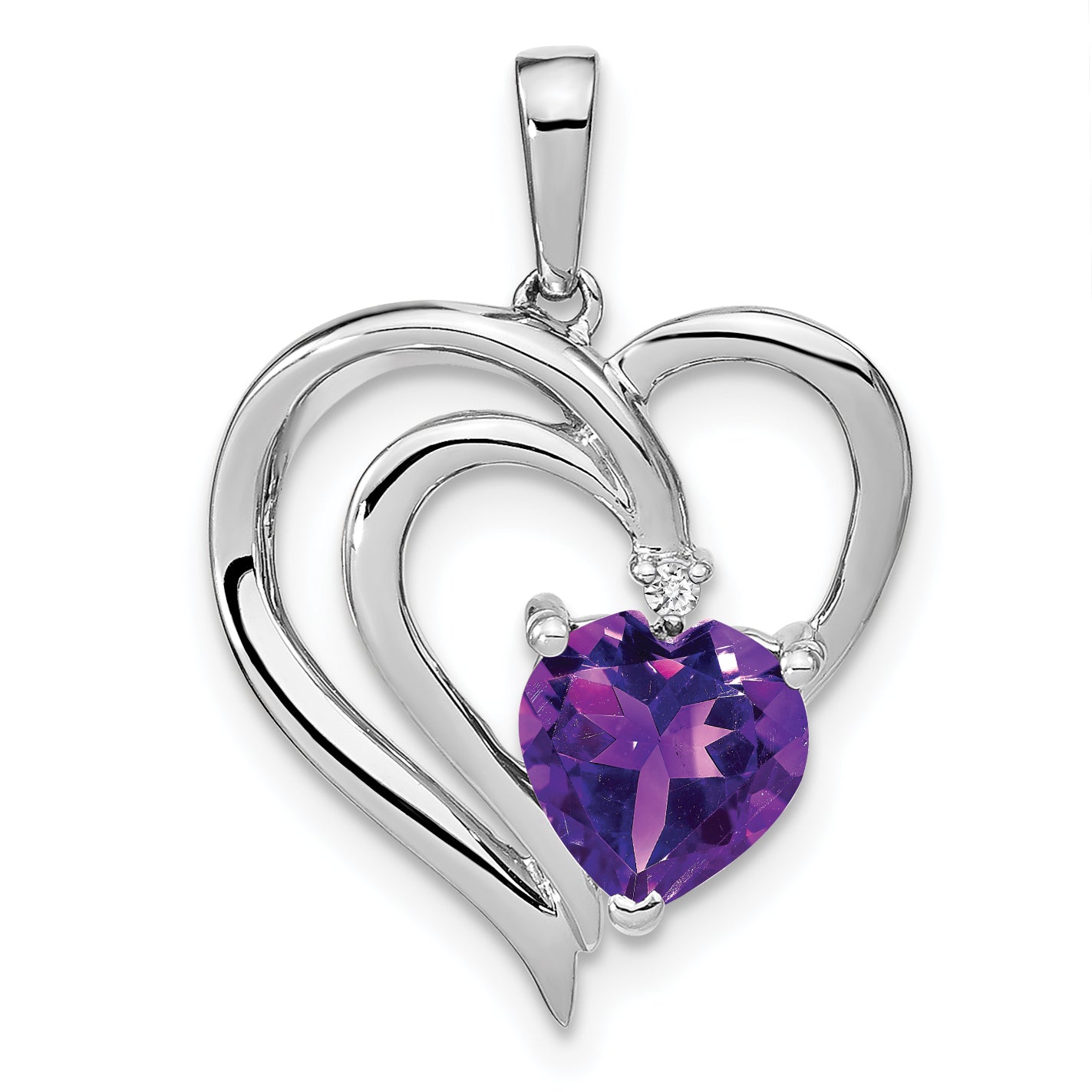 Sterling Silver Amethyst  Diamond Heart Pendant