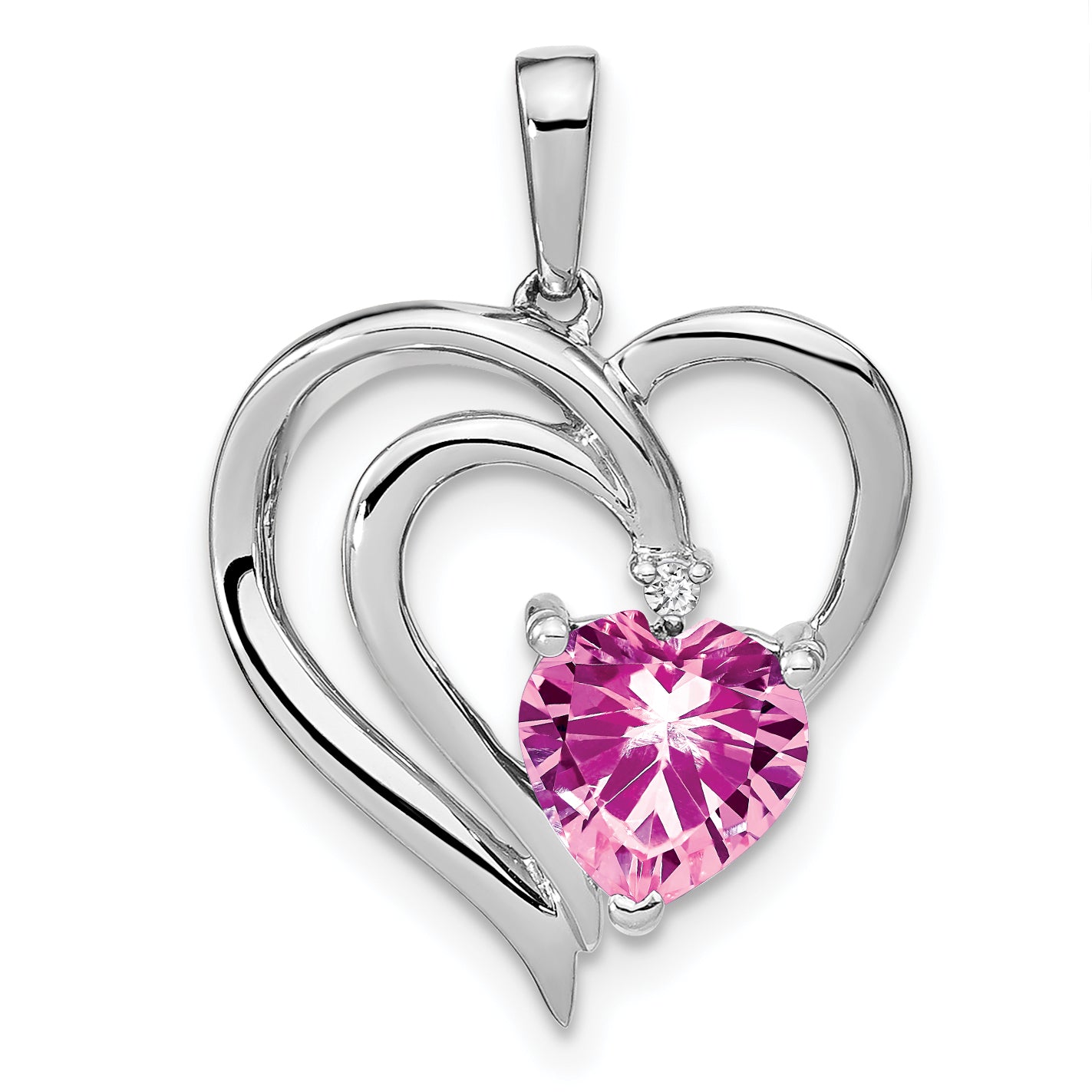 Created Pink Sapphire Diamond Heart Pendant Silver