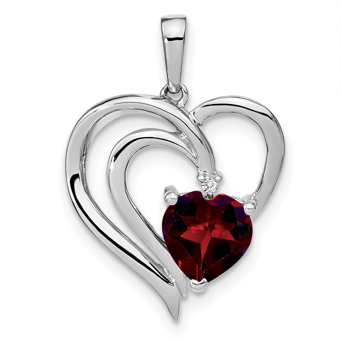 Sterling Silver Red Garnet Diamond Heart Pendant