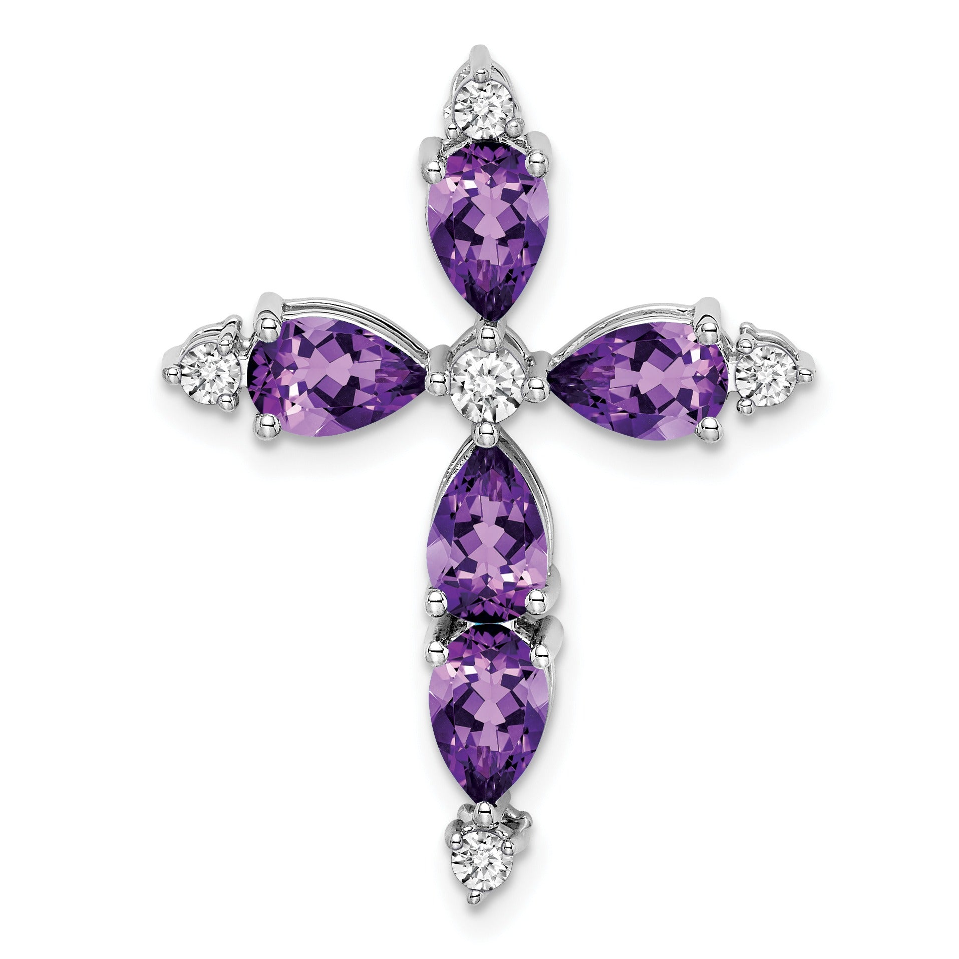 14k White Gold Natural Pear Amethyst Diamond Cross Pendant