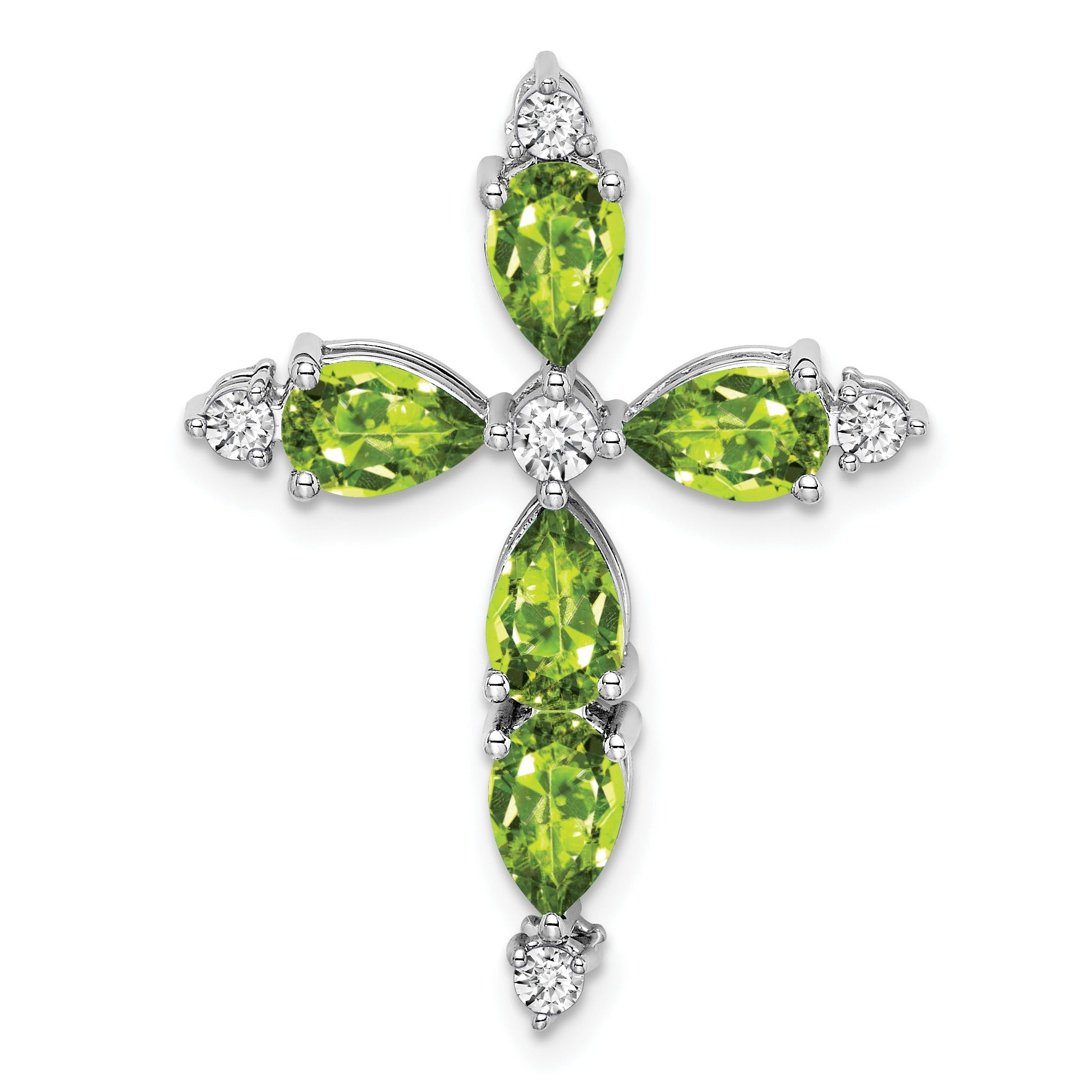 14k White Gold Natural Green Peridot Diamond Cross Pendant