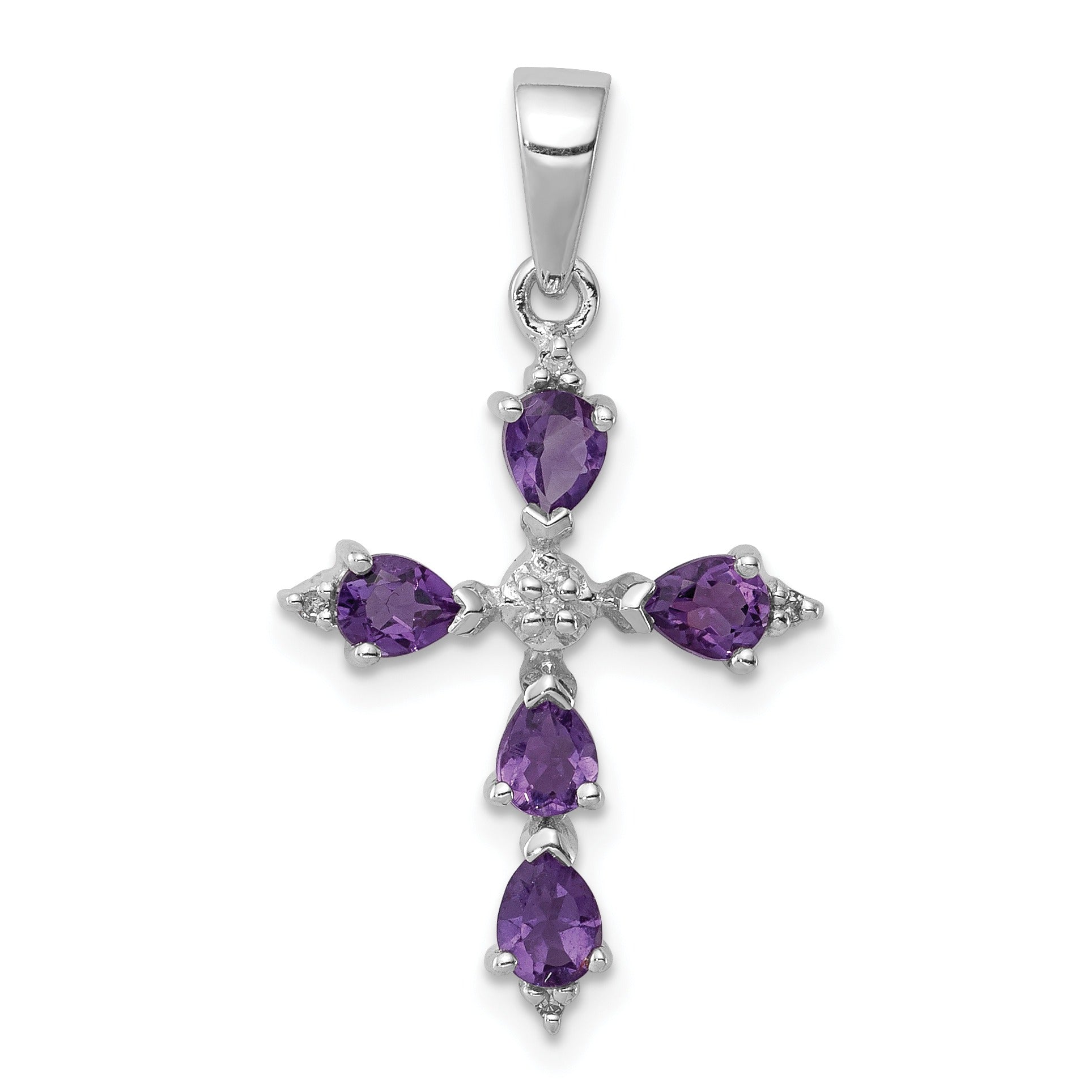 Silver Natural Amethyst and Diamond Cross Pendant