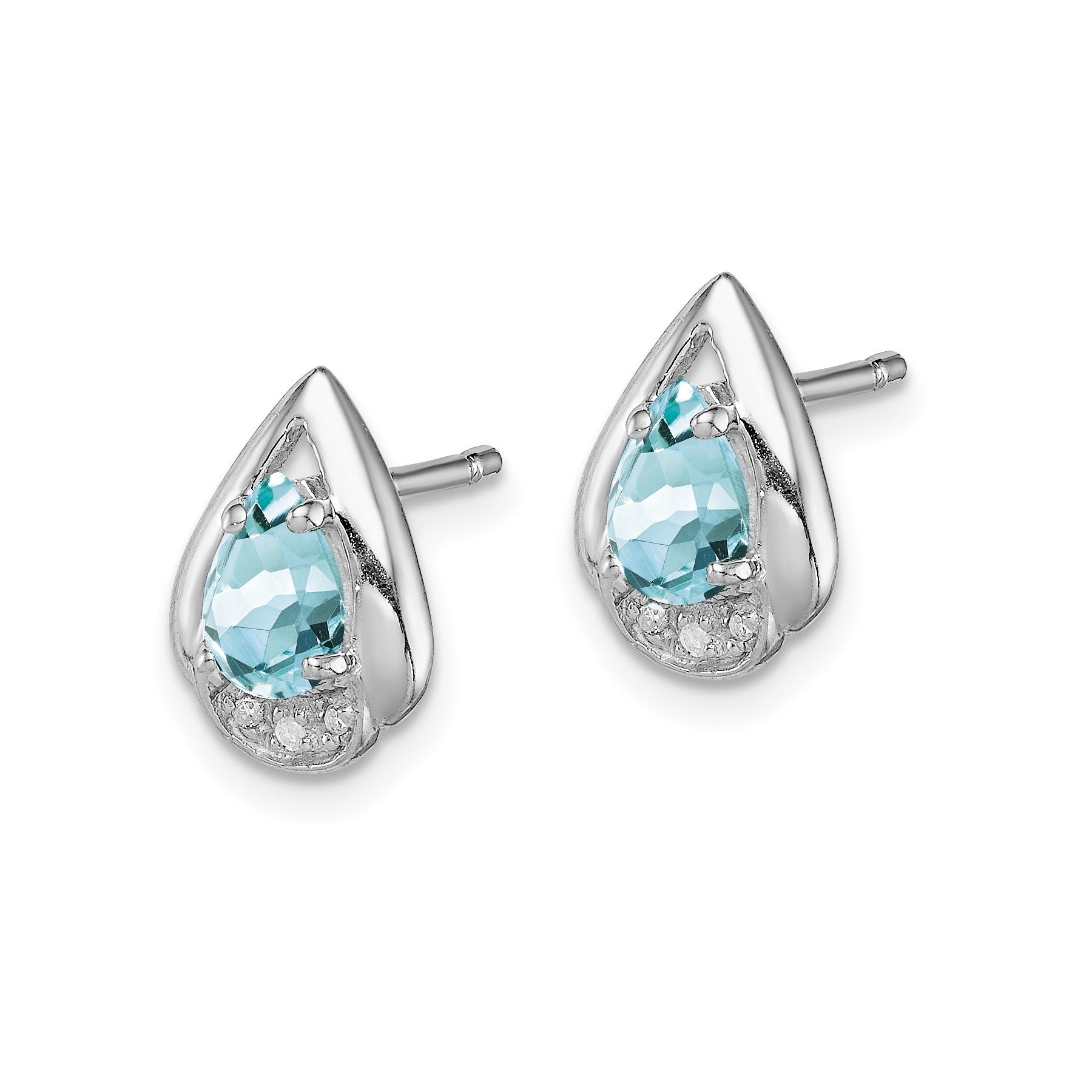 1.33 Ct Pear Blue Aquamarine & Diamond Prong Rhodium Plated Silver Post Button Earrings
