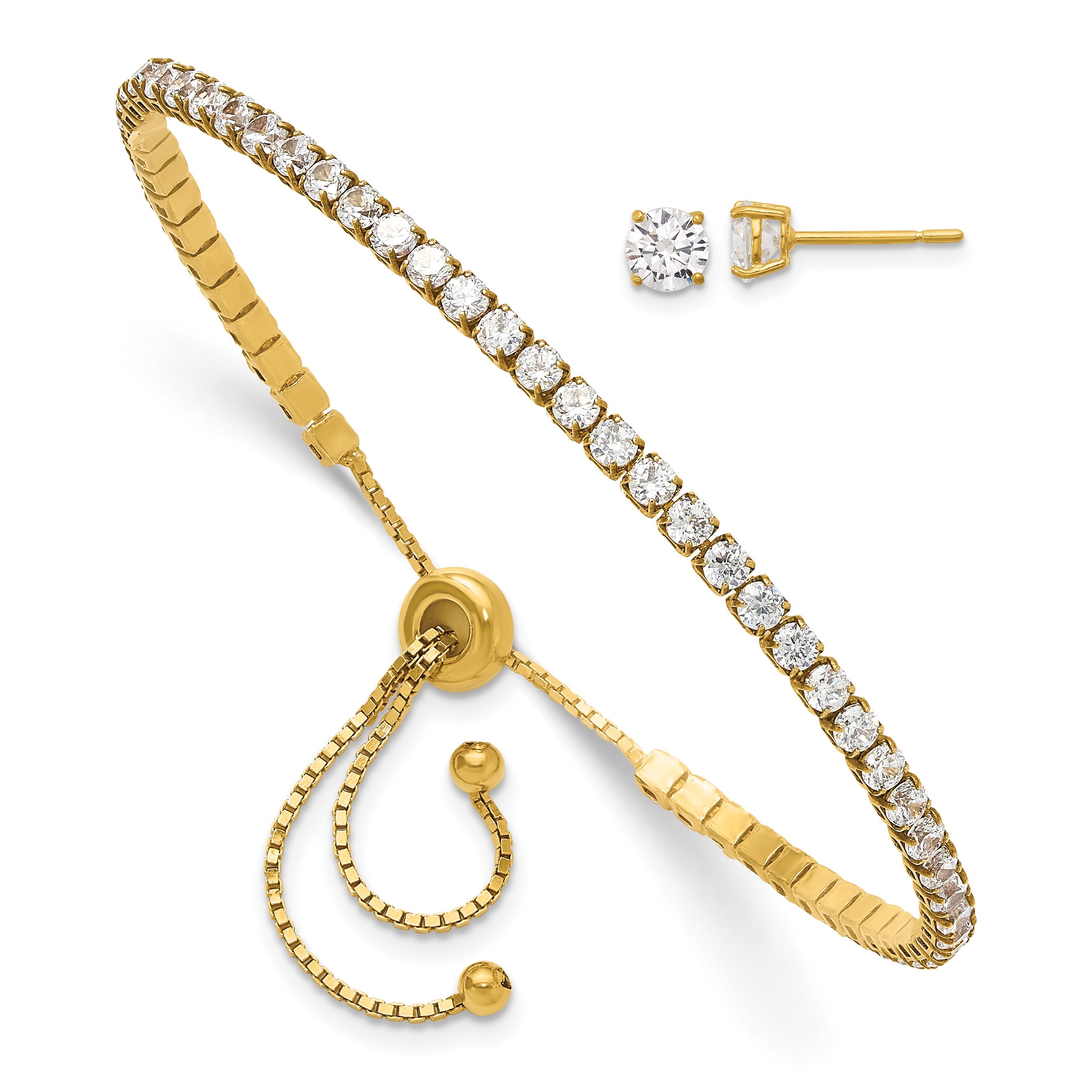 Round CZ Silver Adjustable Tennis Bolo Bracelet and Stud Earring Set