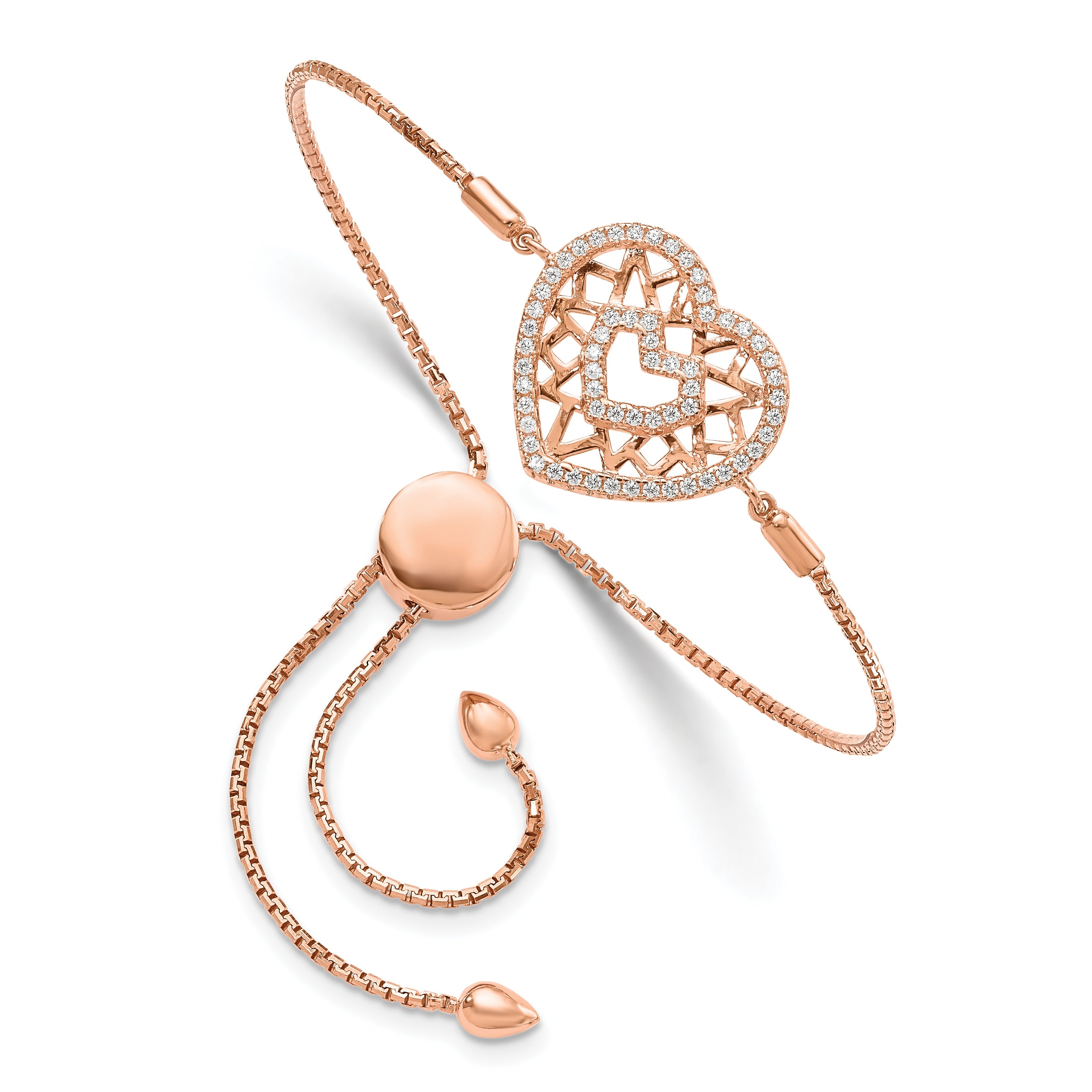 Cubic Zirconia Silver Rose Gold Plated Filigree Duble Heart Adjustable Bracelet