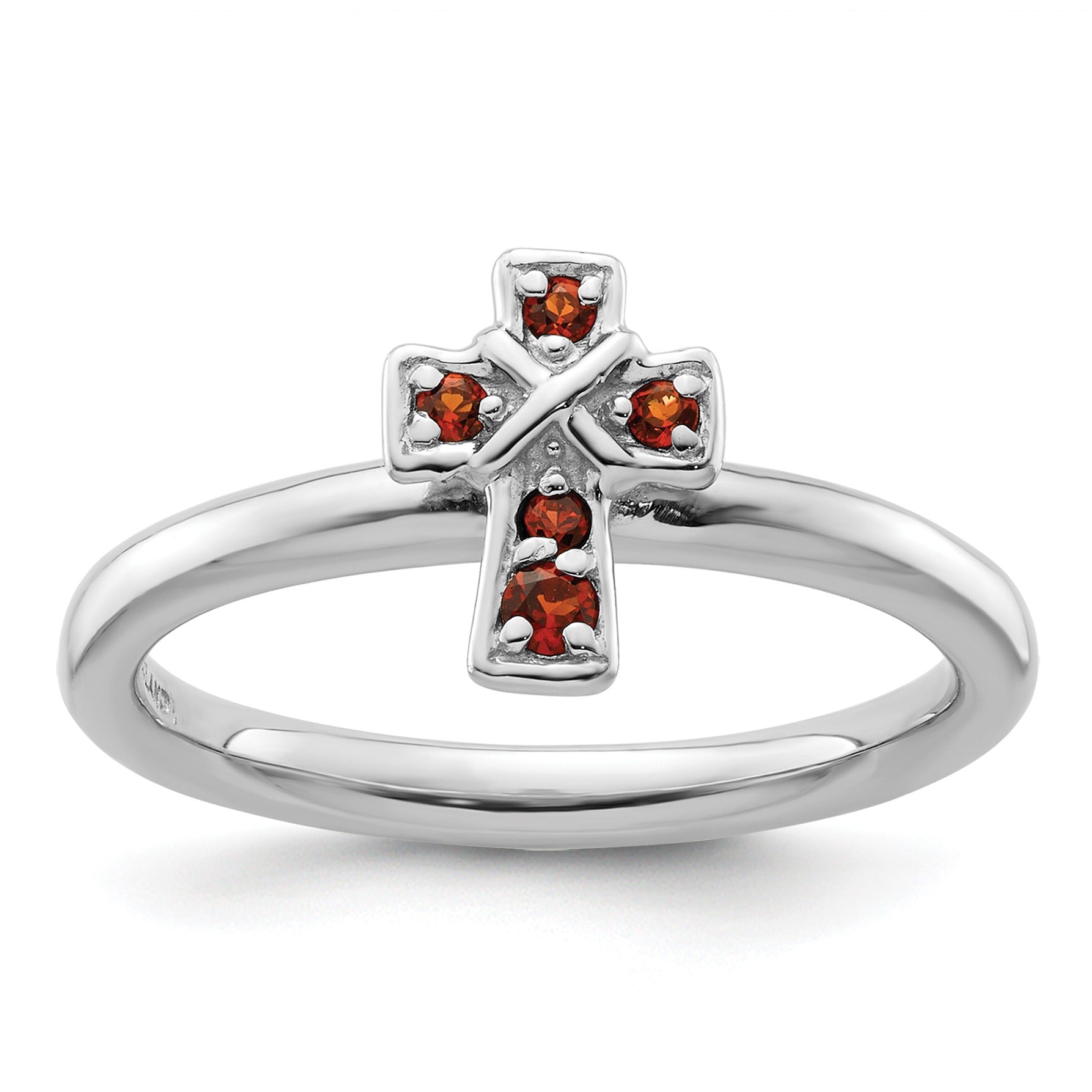 Silver ring with cross design featuring five red gemstone accents on white background