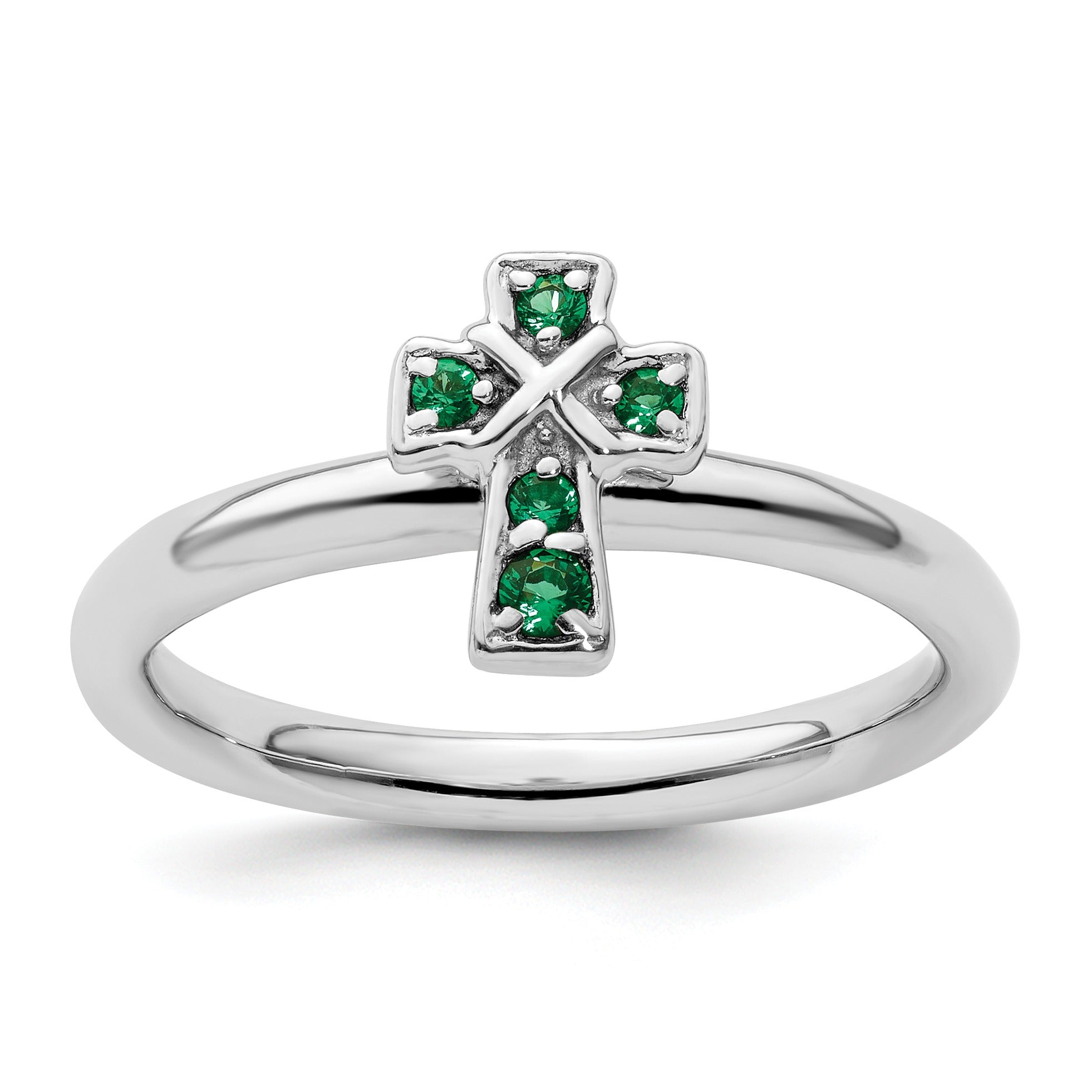 Lab Created Emerald Silver Stackable Cross Ring