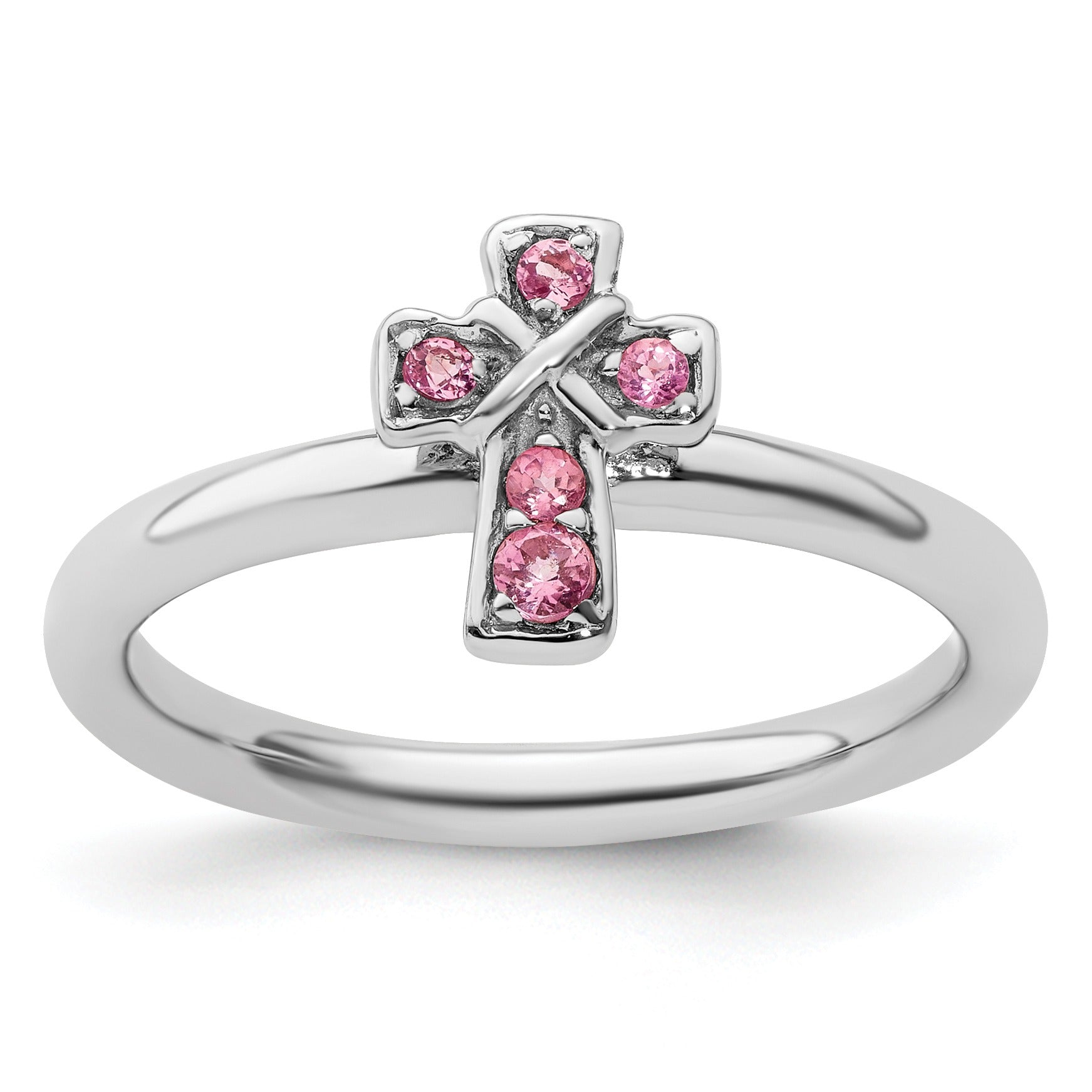 Silver ring with cross design featuring six round pink gemstones, handcrafted fine jewelry
