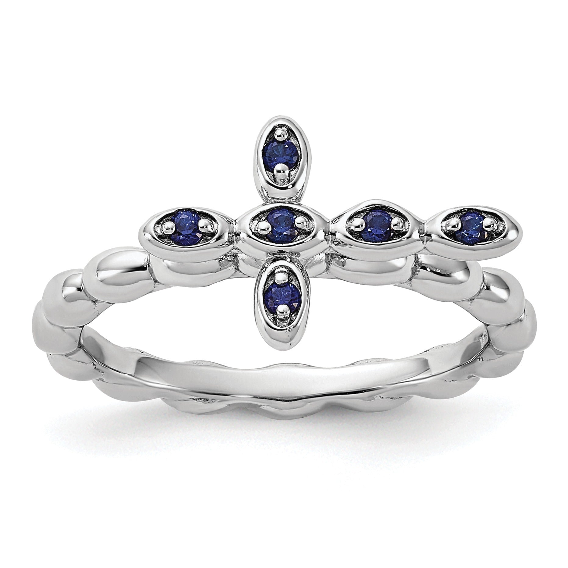 Silver Stackable Created Blue Sapphire Cross Ring