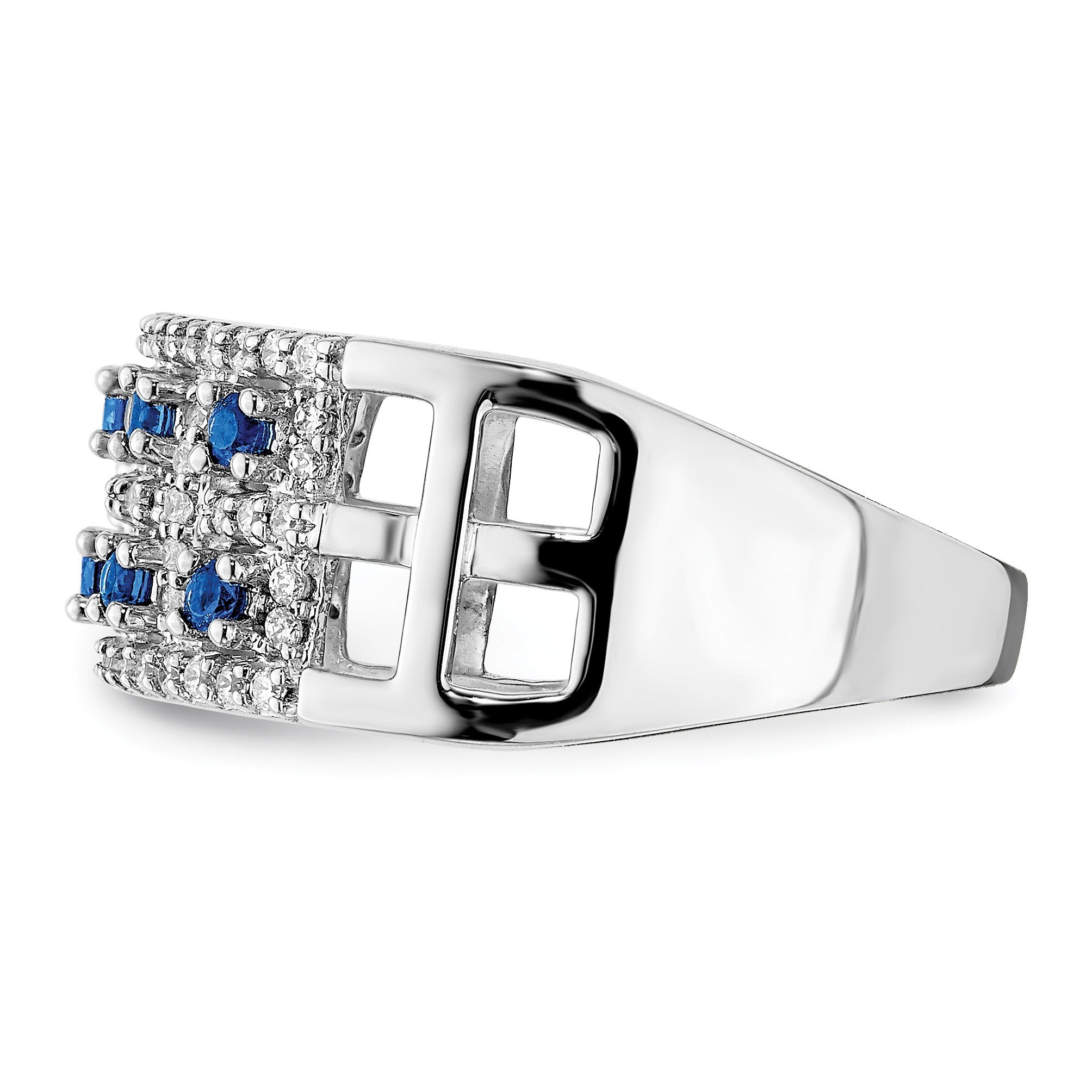 0.6 Ct Round Blue Sapphire & Diamond Prong 14K White Gold Two-Row Band Ring