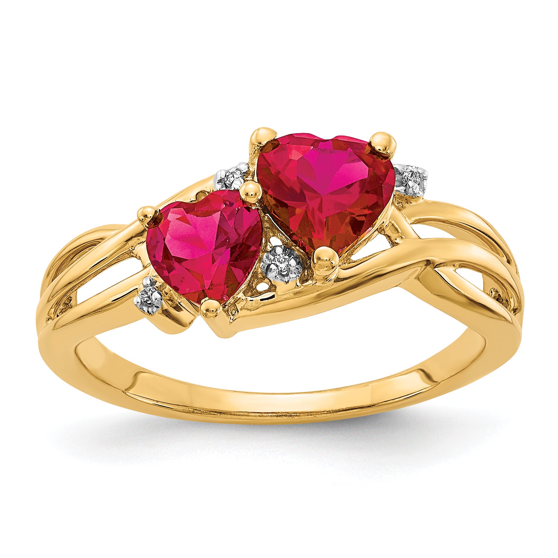 Gold Lab Created Ruby Diamond Double Heart Bypass Ring