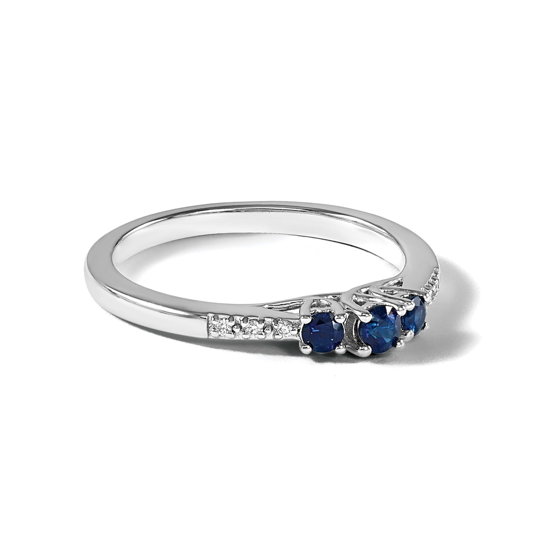 0.34 Ct Round Blue Sapphire and Diamond Prong 14k White Gold Three stone Ring