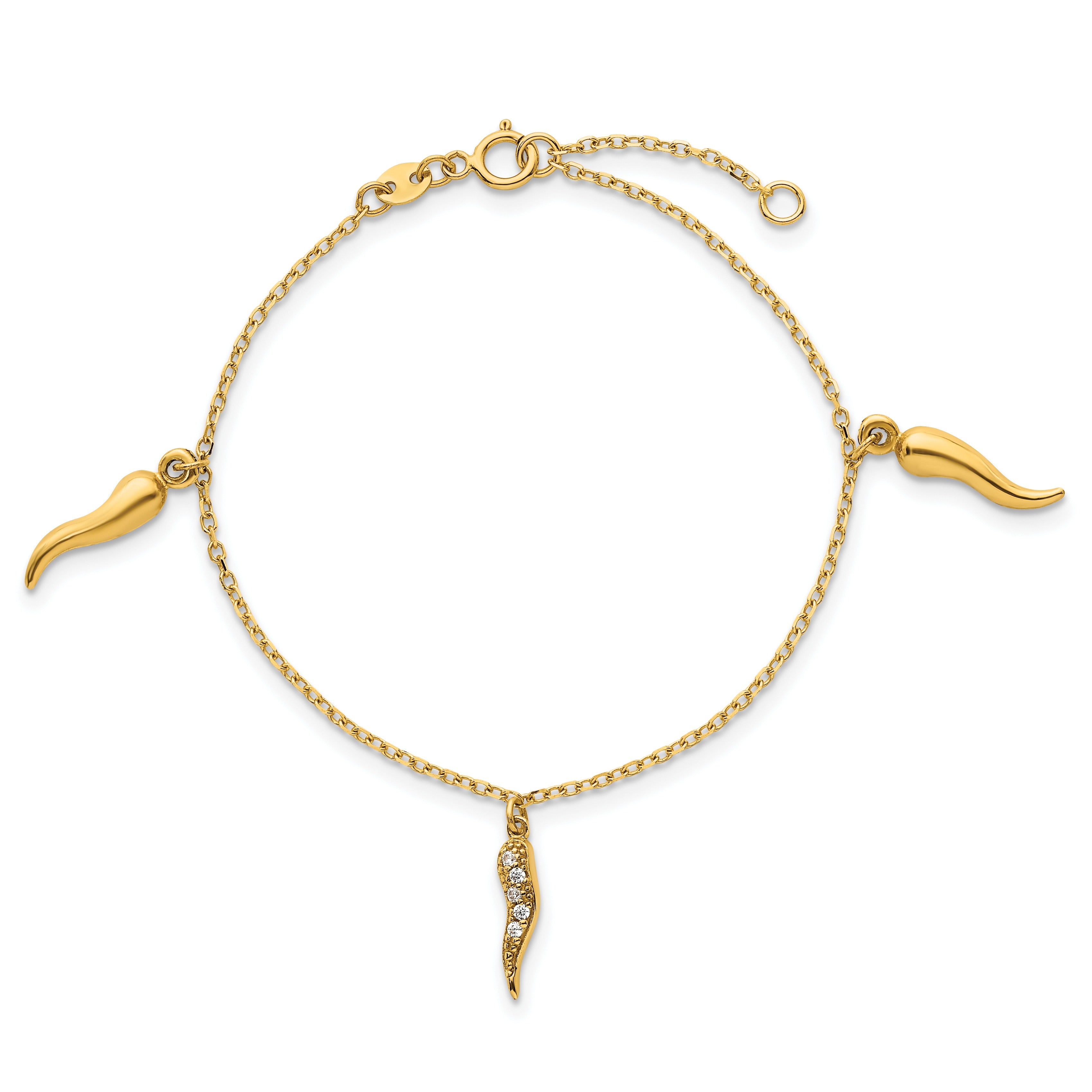 14k Yellow Gold CZ Three Italian Horn Dangles Bracelet