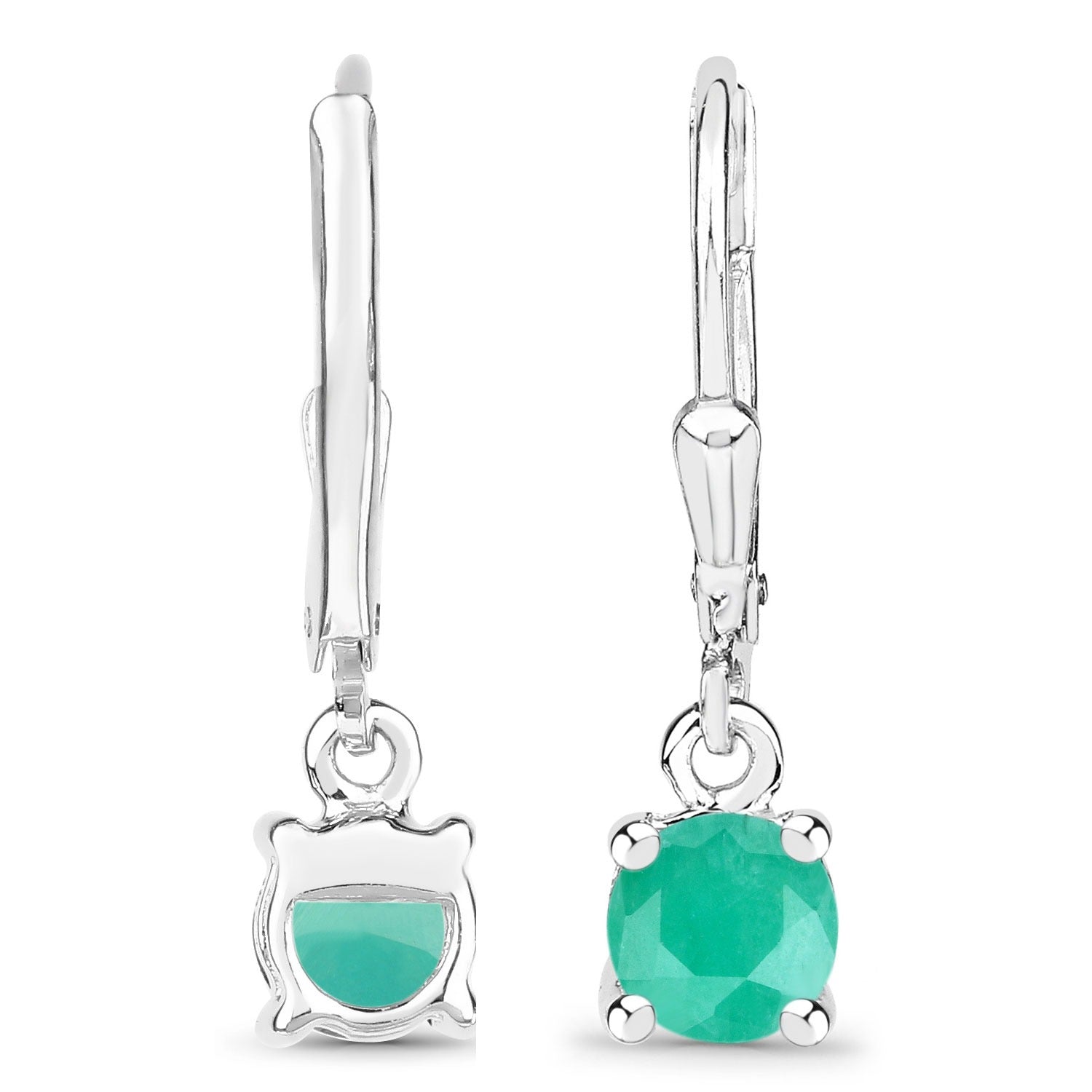 0.92 Ct Green Round Emerald Prong 925 Silver Dangle Lever Back Earrings