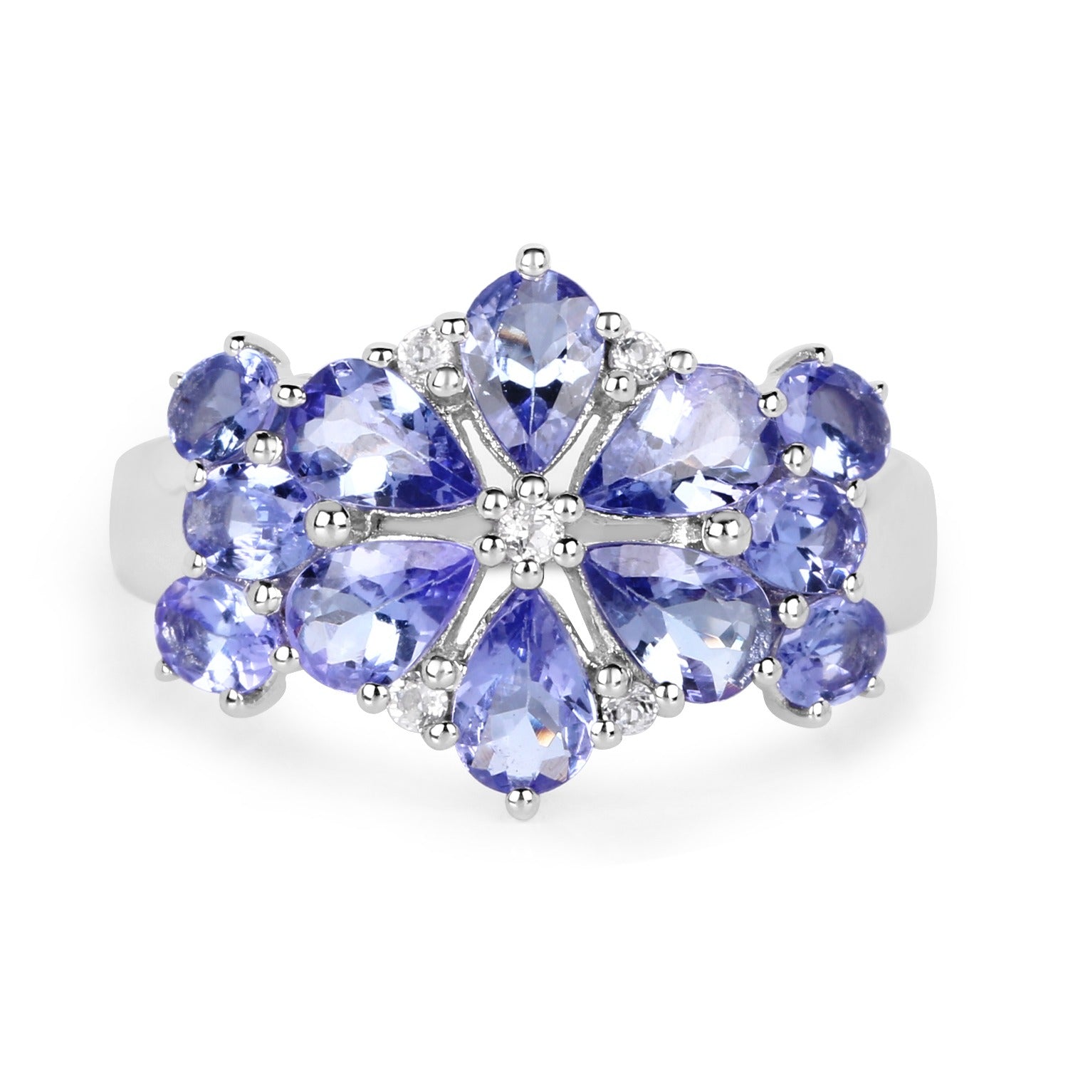 3.36 Ct Pear & Oval Violet Tanzanite Prong Rhodium Plated Silver Floral Cluster Ring