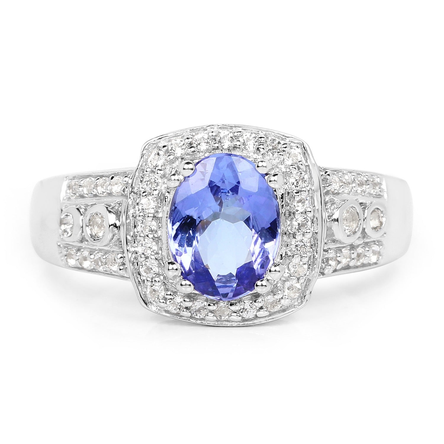 1.42 Ct Oval Violet Tanzanite Prong Silver Pave Halo Statement Ring