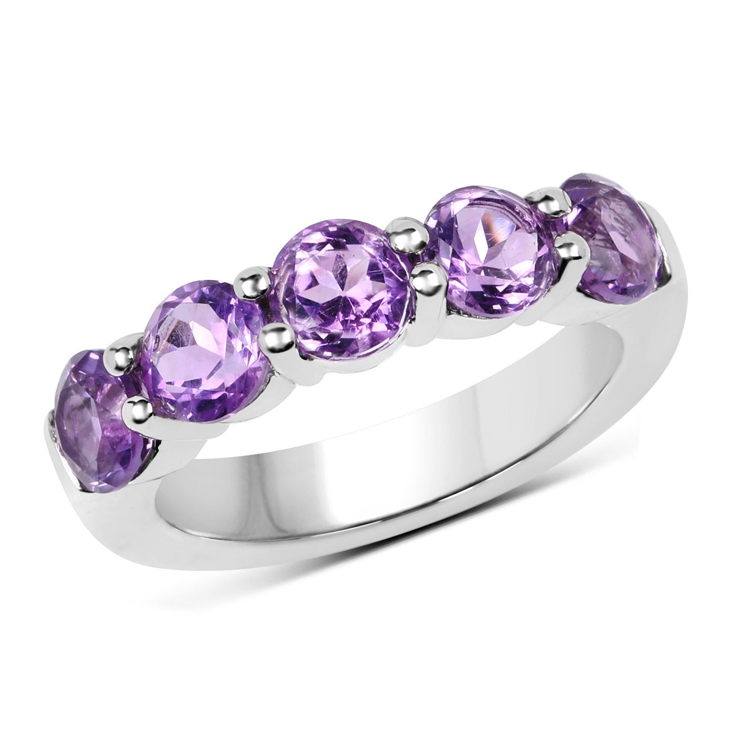 Natural Purple Amethyst Silver 5 Stone Ring