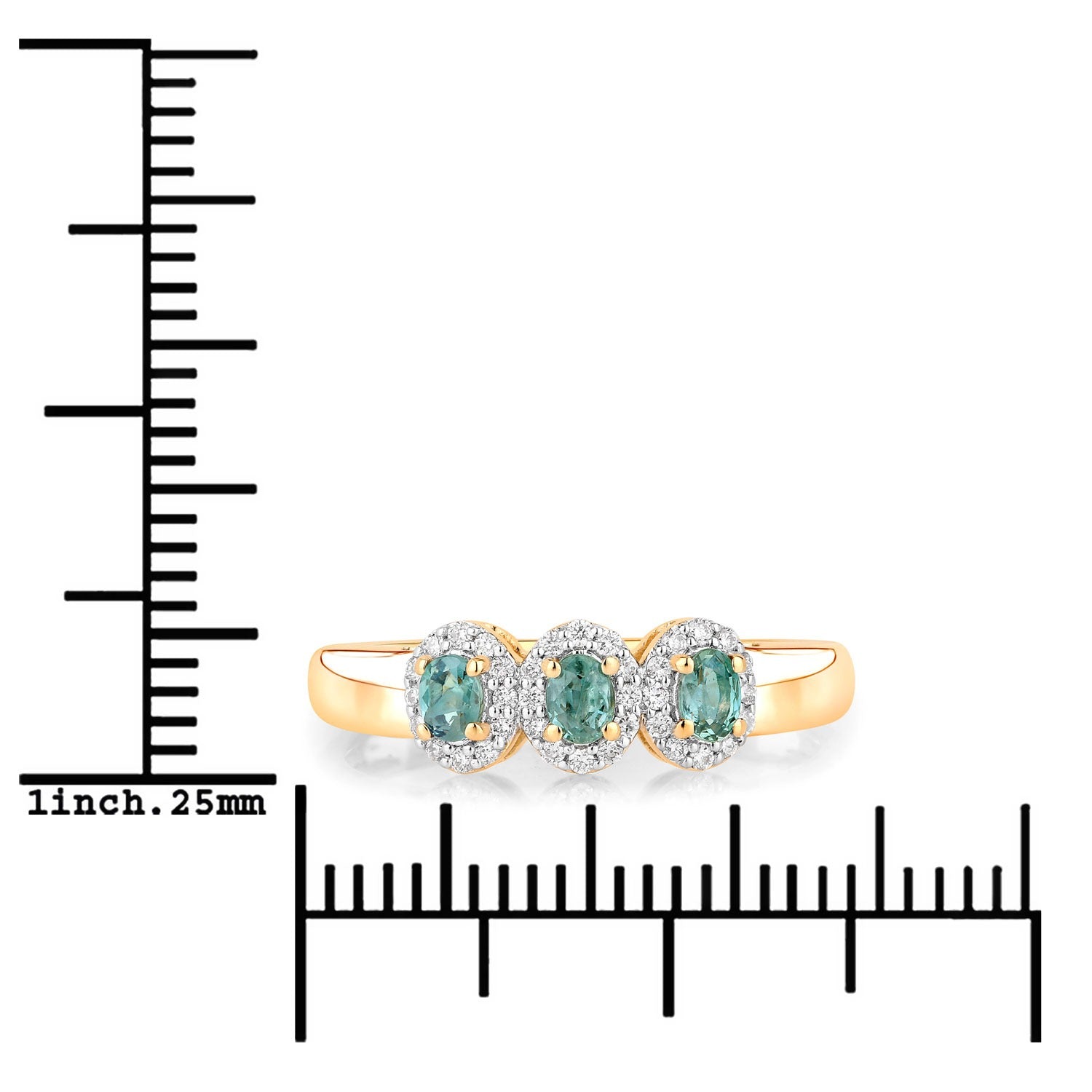 0.46 Ct Green Genuine Alexandrite and Diamond 18K Yellow Gold 3 Stone Halo Ring