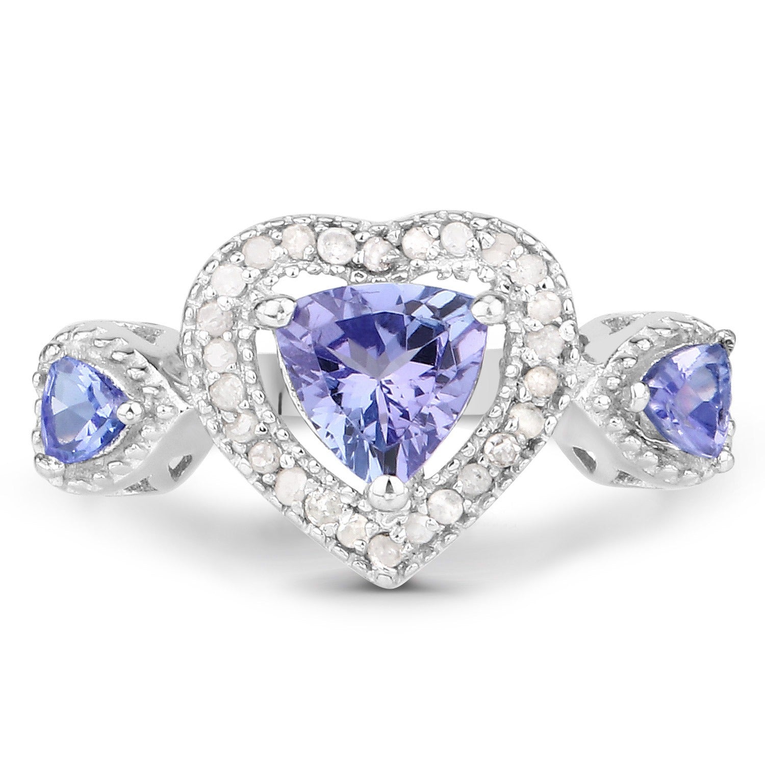 1.09 Ct Trillion Violet Tanzanite & White Diamond Prong Silver Halo Heart Three Stone Ring