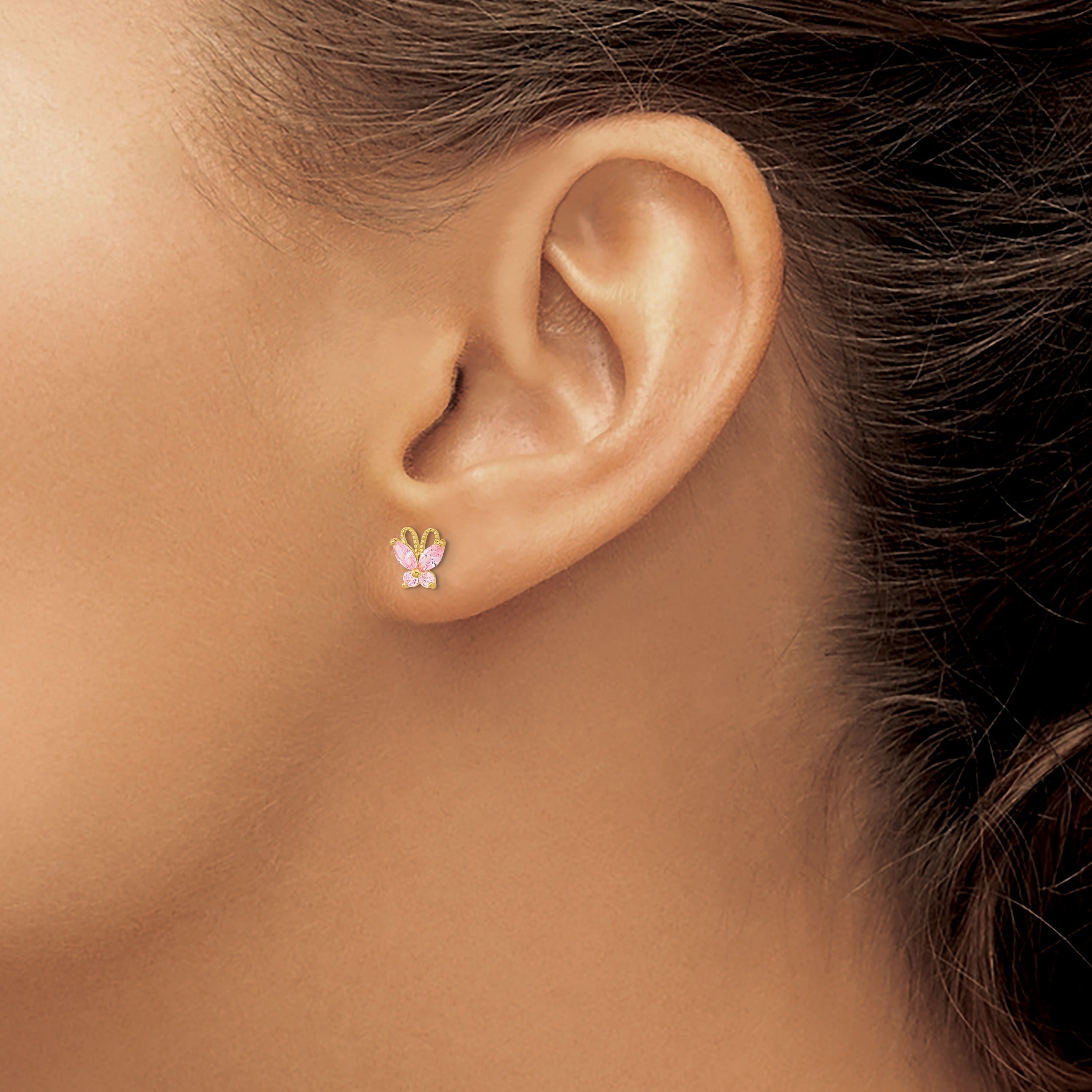 Pink CZ Prong 14K Yellow Gold Butterfly Post Button Earrings
