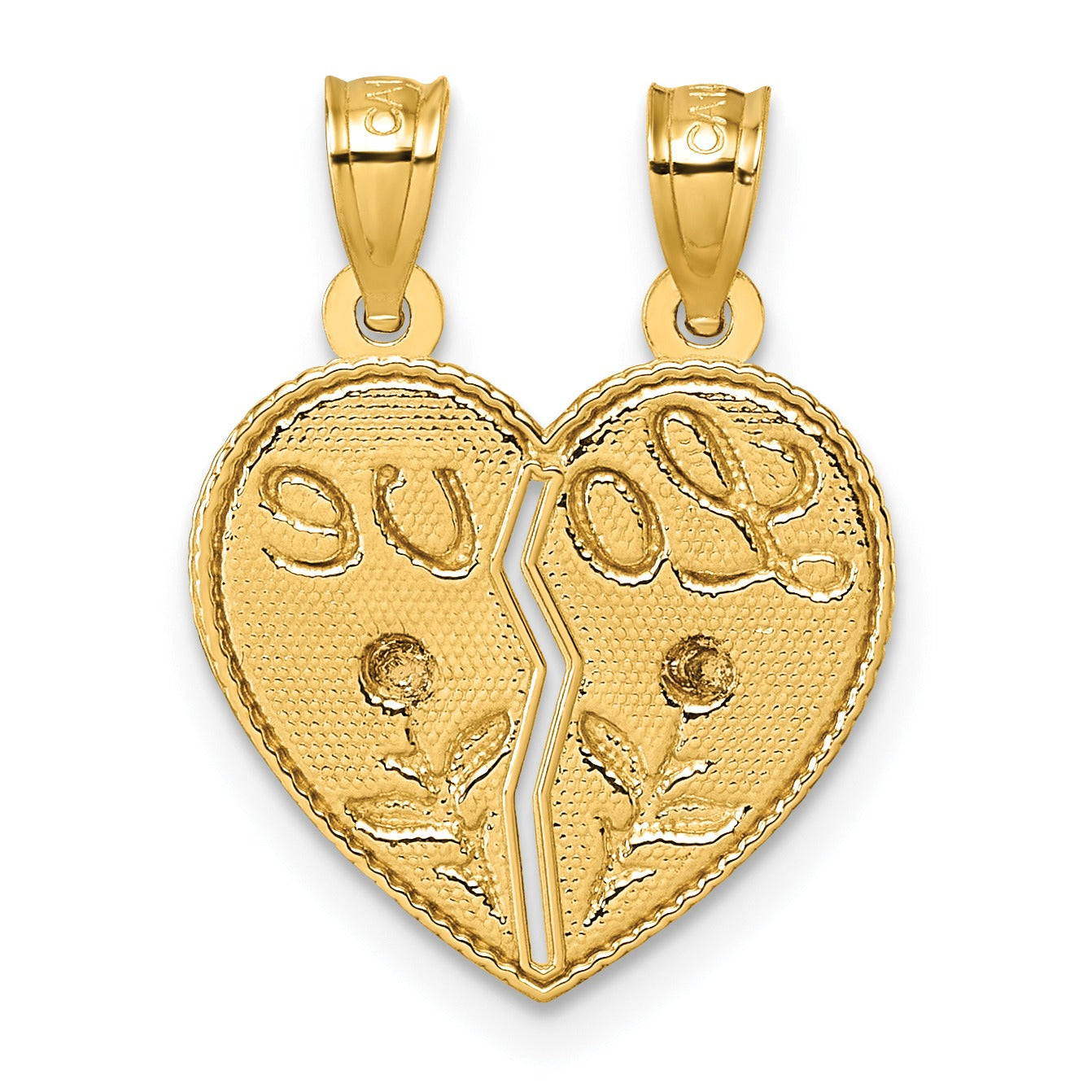 Gold heart-shaped broken pendant with 'Love' inscription and floral details from Fine Color Jewels.