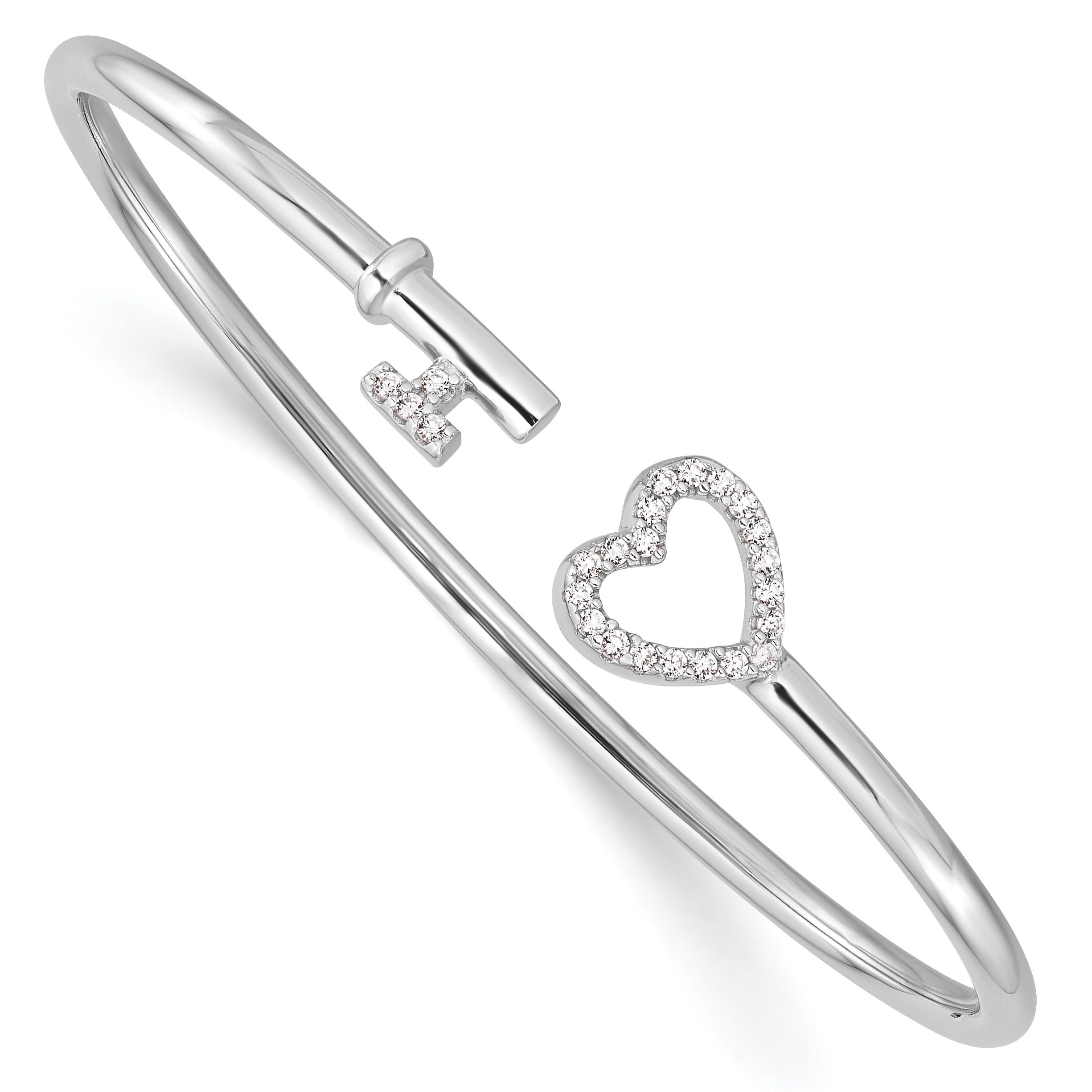 CZ Sterling Silver Heart and Key Flexible Slip On Bangle Bracelet