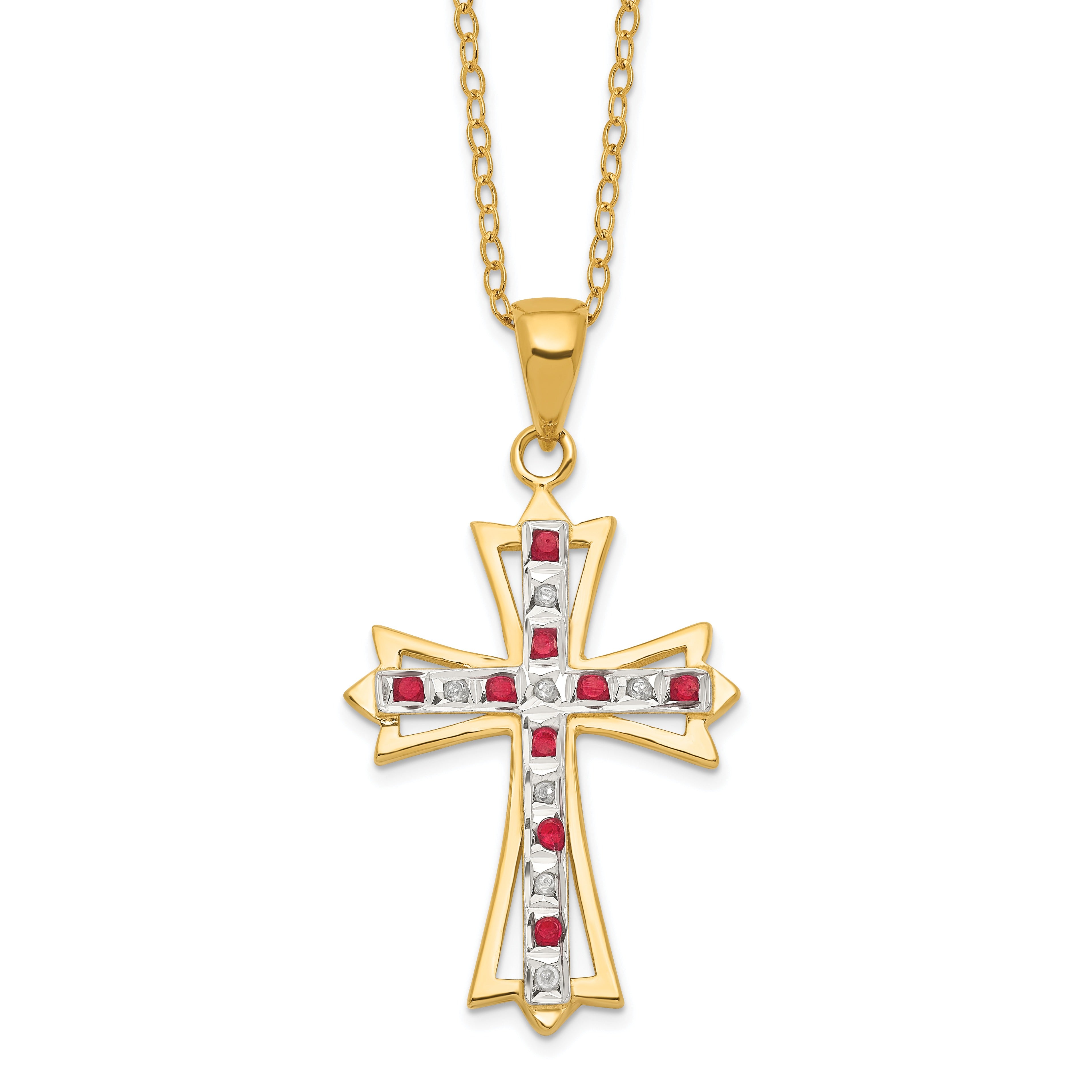Silver Natural Diamond and Ruby Cross Necklace