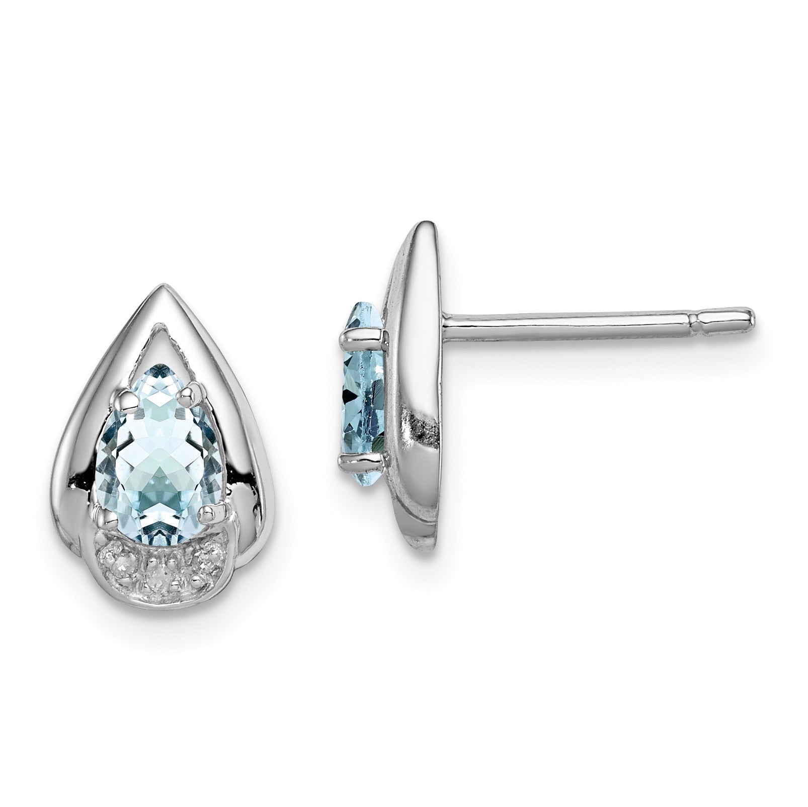 1.33 Ct Pear Blue Aquamarine & Diamond Prong Rhodium Plated Silver Post Button Earrings