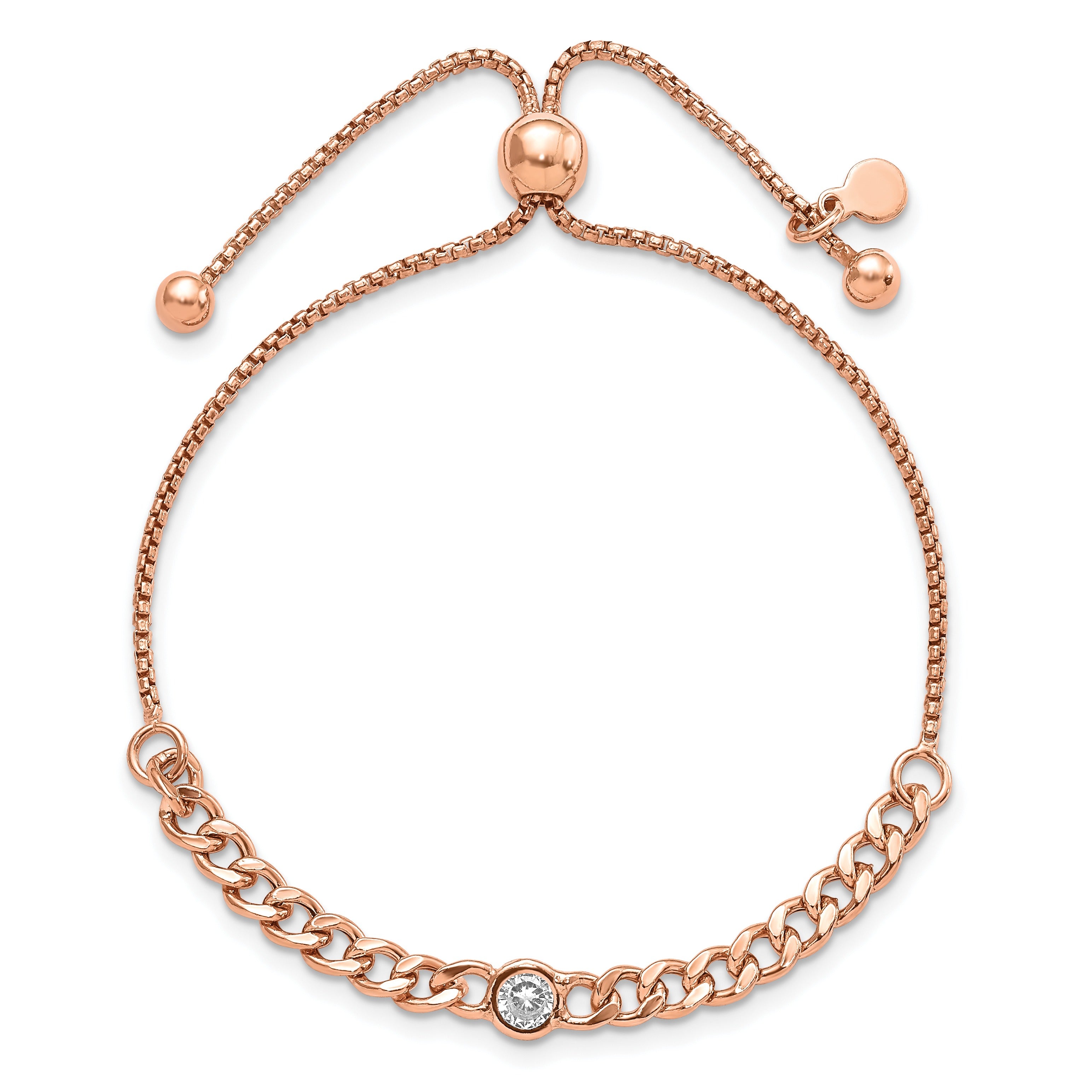 CZ  Sterling Silver Rose-tone Link Chain Bolo Bracelet