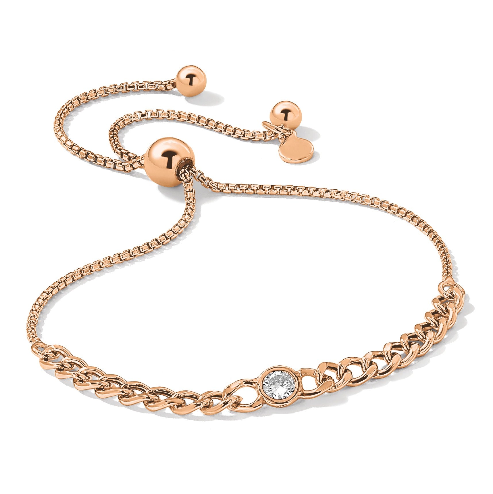 CZ  Sterling Silver Rose-tone Link Chain Bolo Bracelet