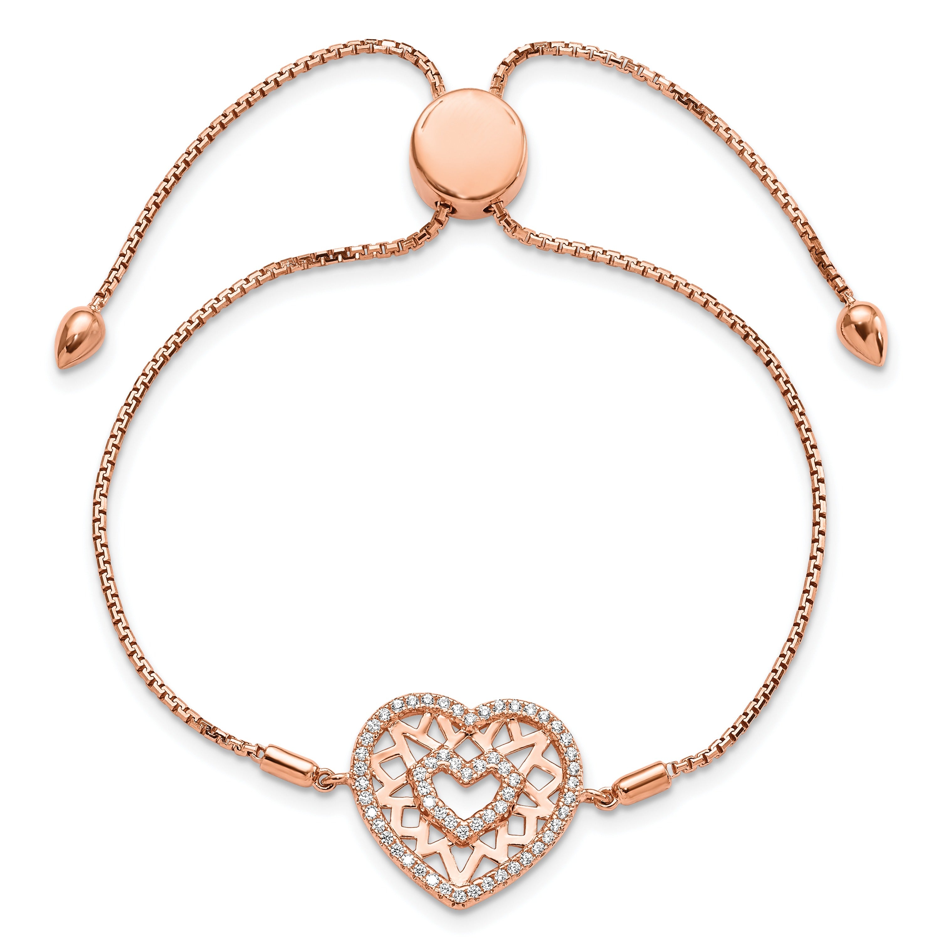 Cubic Zirconia Silver Rose Gold Plated Filigree Duble Heart Adjustable Bracelet