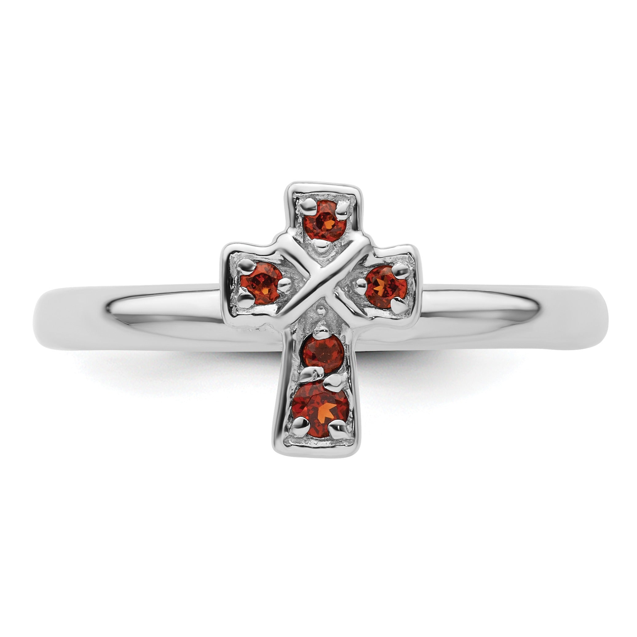 Silver ring with a cross-shaped design adorned with six red gemstones on a white background