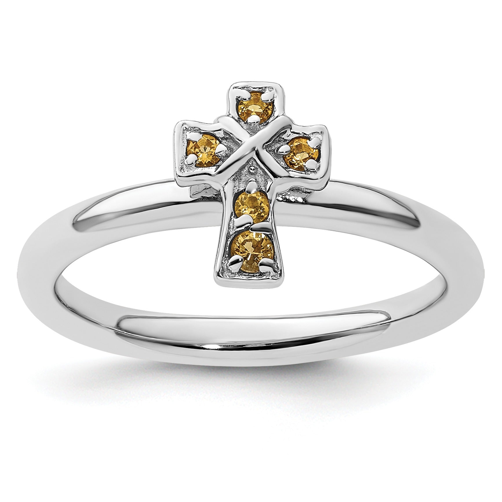 Silver ring with a cross design featuring five small yellow gemstones on white background