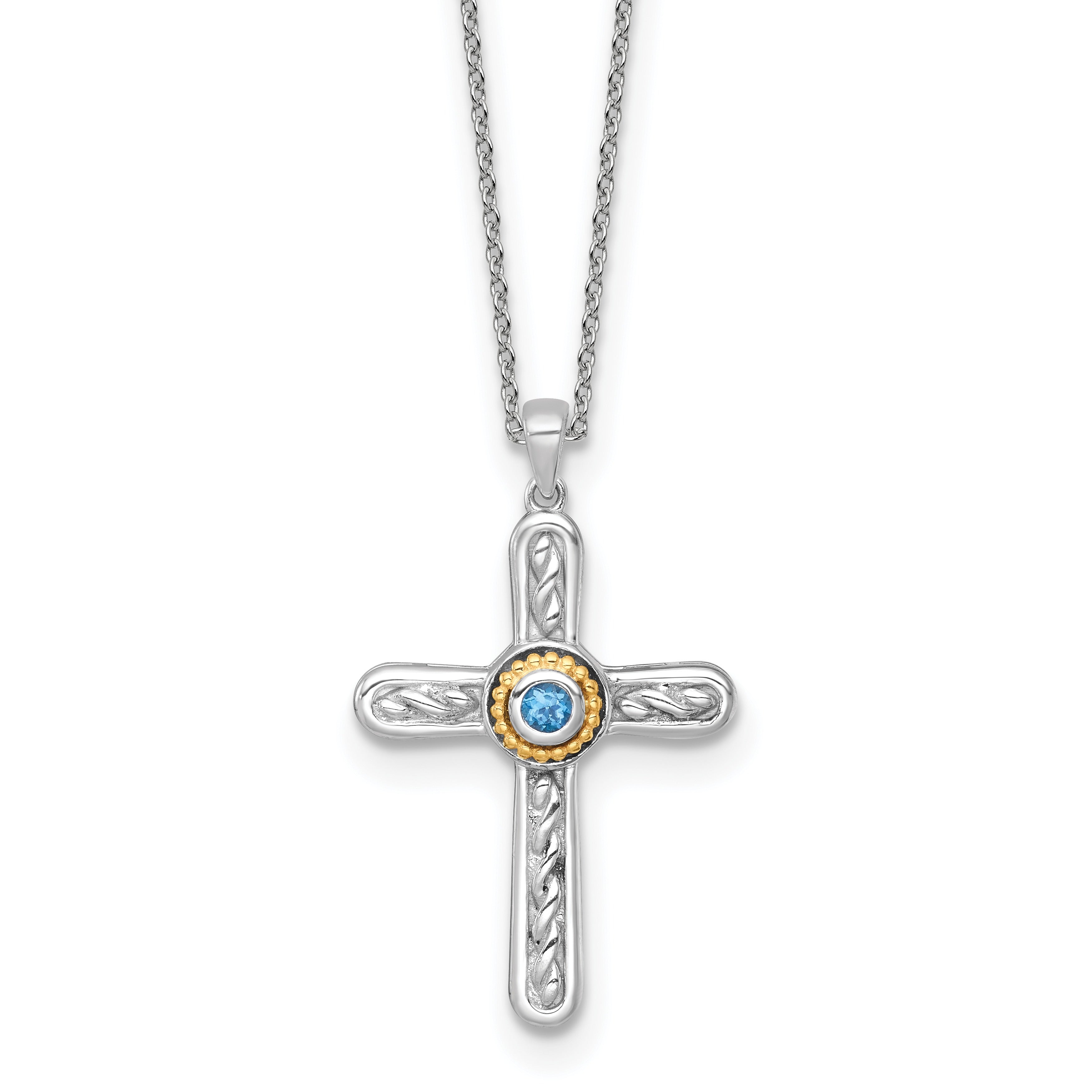 Silver cross pendant necklace with twisted rope design and central blue gemstone surrounded by gold accents