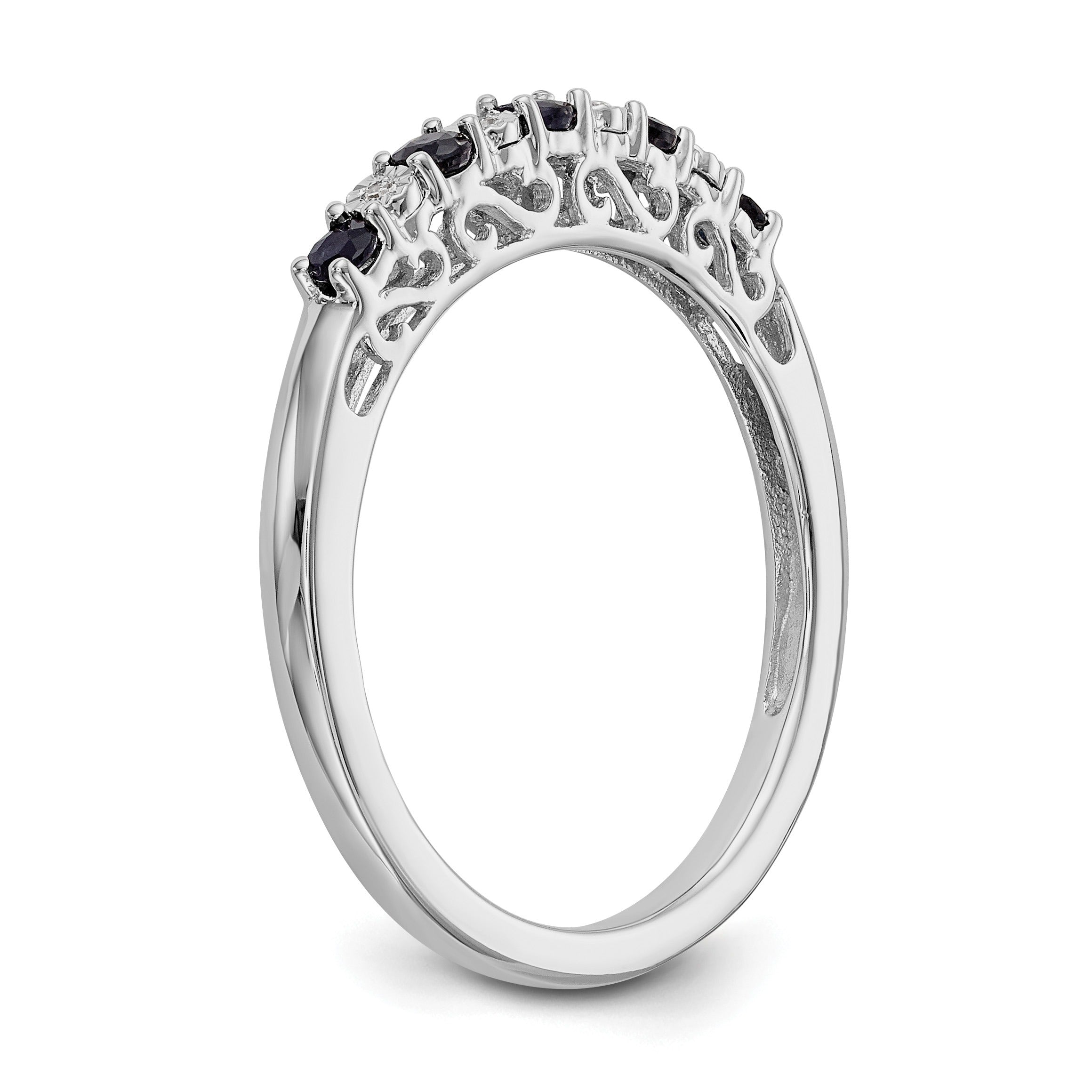 Round Blue Sapphire And Diamond 14k White Gold Half Eternity Wedding Band Ring