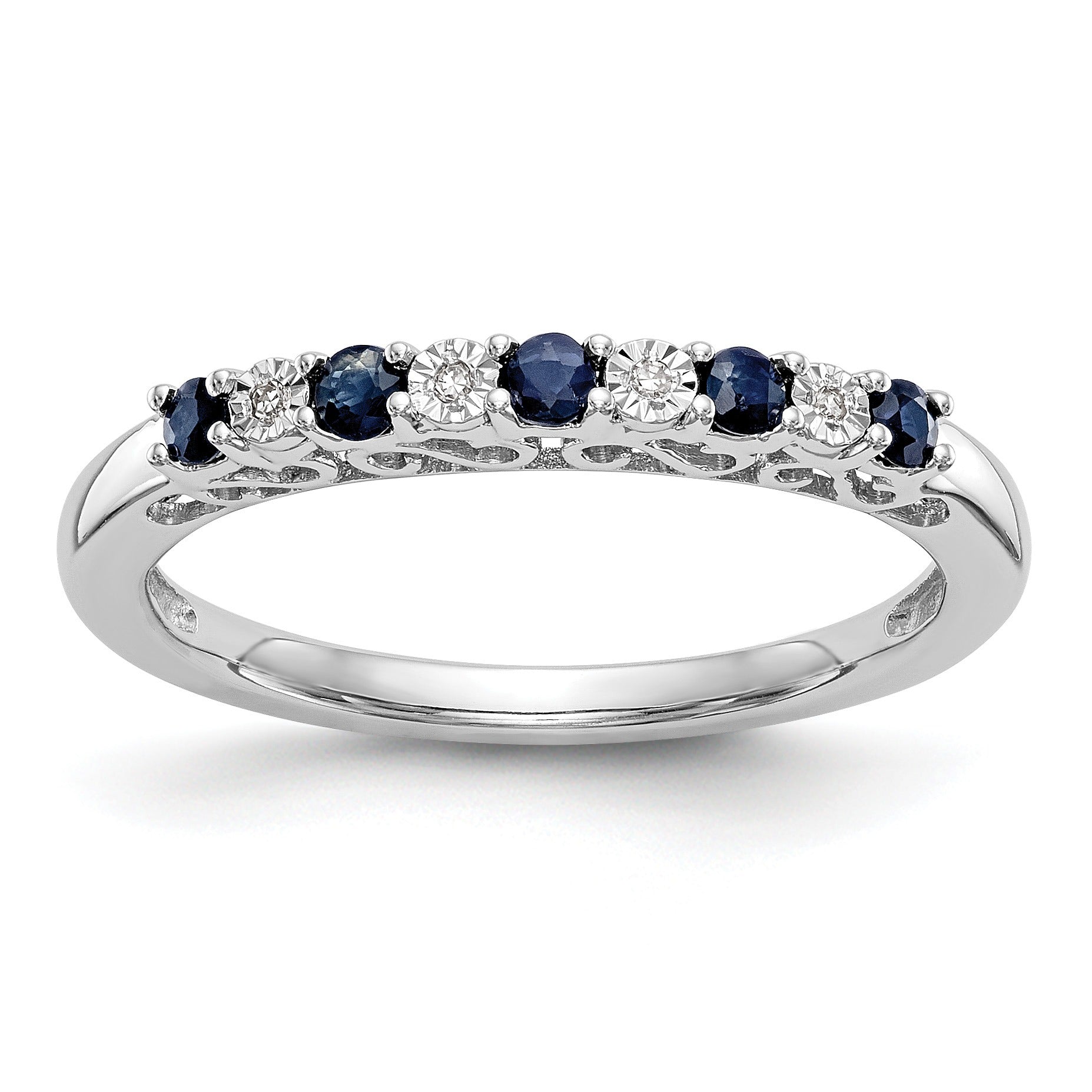 Round Blue Sapphire And Diamond 14k White Gold Half Eternity Wedding Band Ring