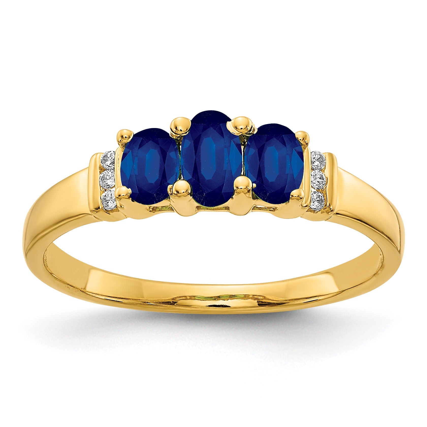 0.79 Ct Oval Blue Sapphire and Diamond Prong 14K Yellow Gold Three Stone Ring