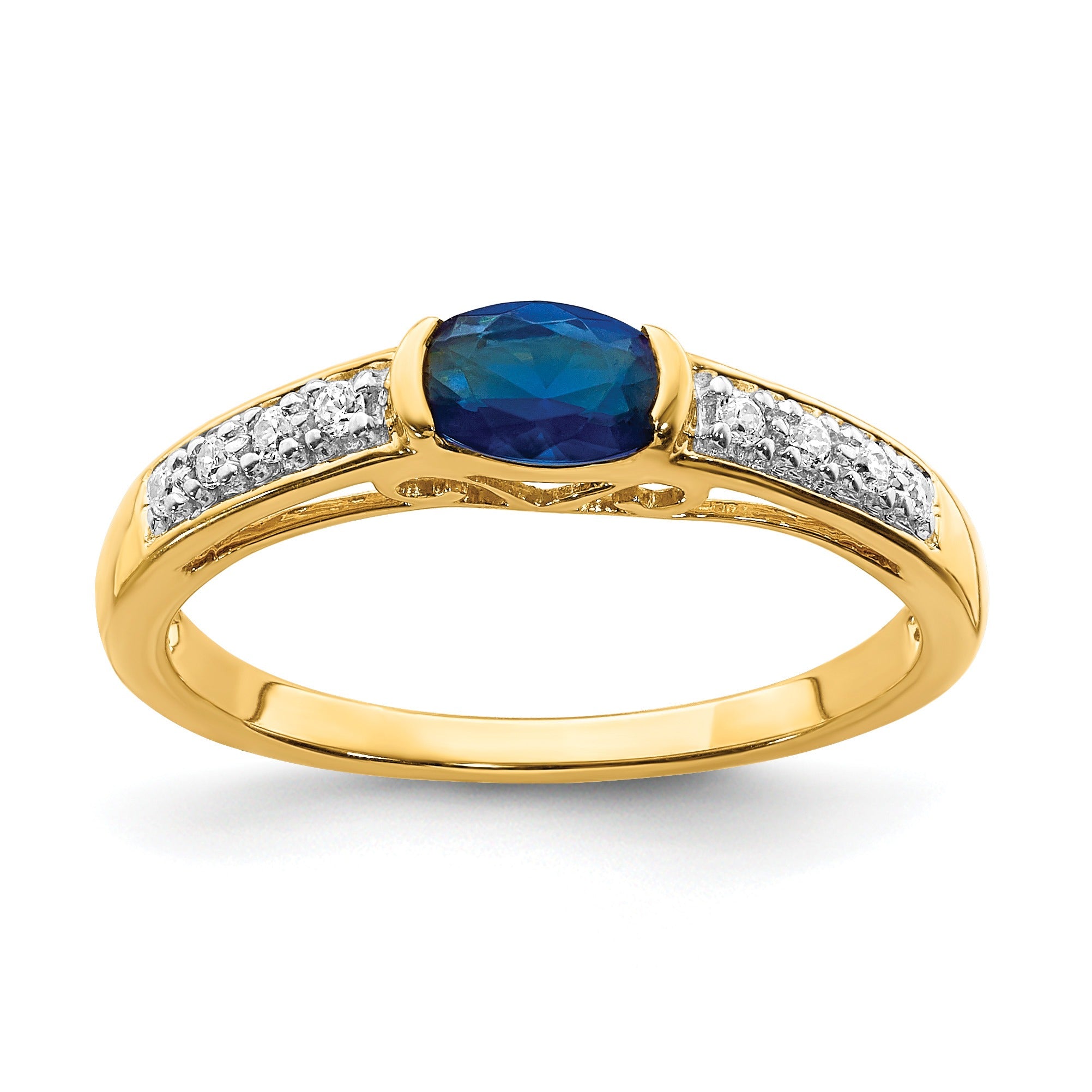 0.64 Ct Oval Blue Sapphire & Diamond Half-Bezel 14K Yellow Gold East-West Ring