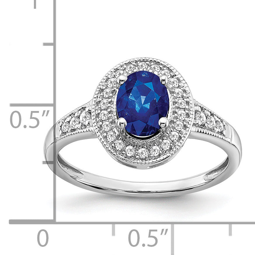 0.68 Ct Oval Lab Created Blue Sapphire and Diamond Prong 14K White Gold Halo Side Pave Ring