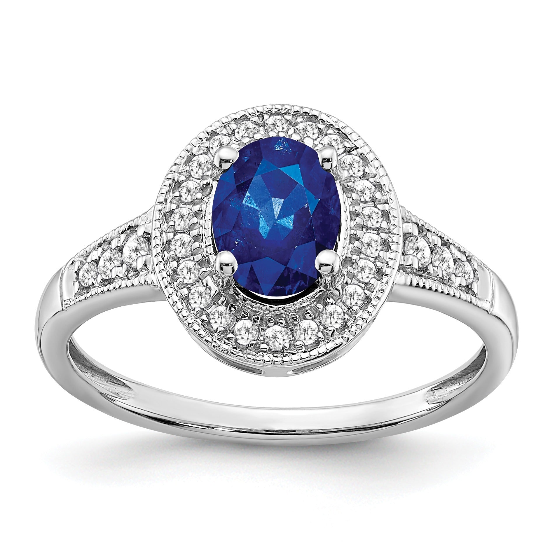0.68 Ct Oval Lab Created Blue Sapphire and Diamond Prong 14K White Gold Halo Side Pave Ring
