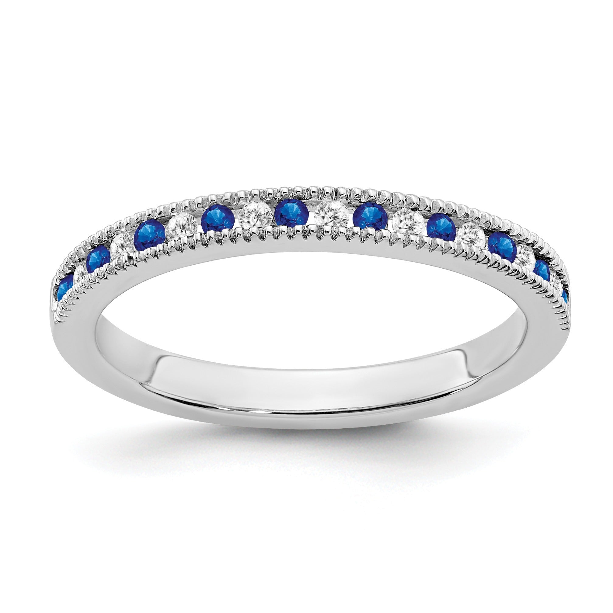 0.58 Ct Round Blue Sapphire & Diamond 14K White Gold Milgrain Band Ring