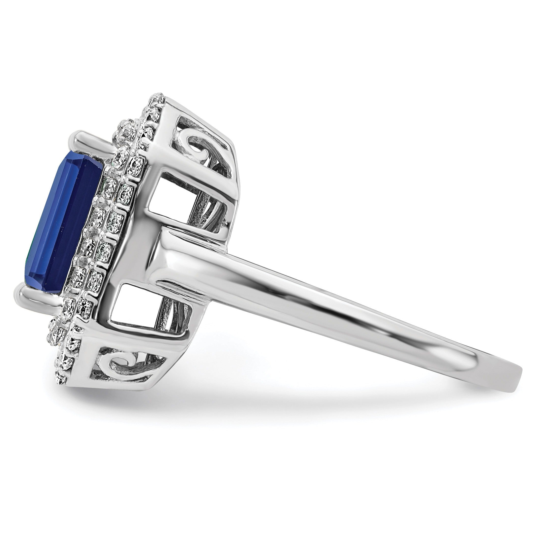 Emerald Cut Lab Created Blue Sapphire and Diamond 14K White Gold Double Halo Ring