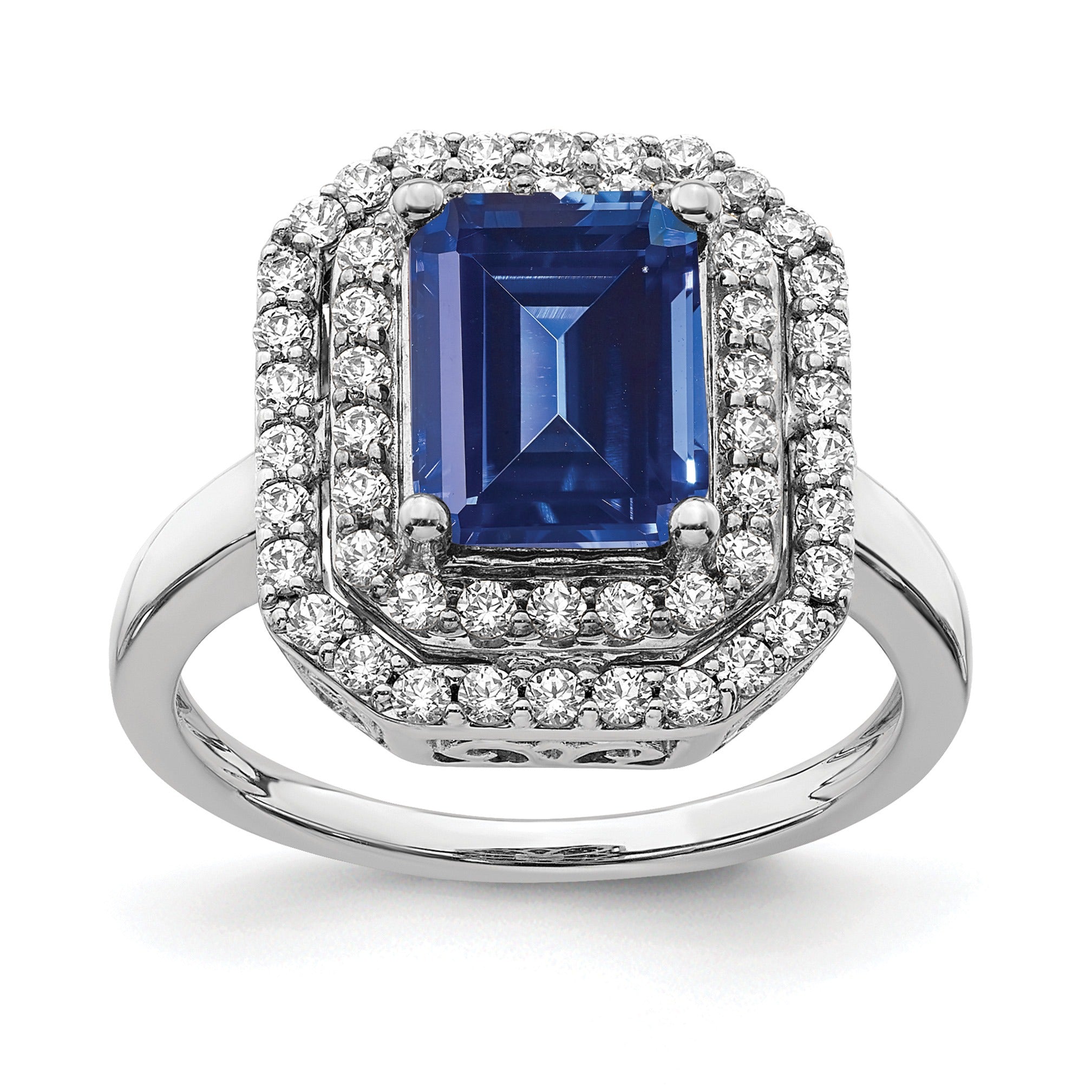 Emerald Cut Lab Created Blue Sapphire and Diamond 14K White Gold Double Halo Ring