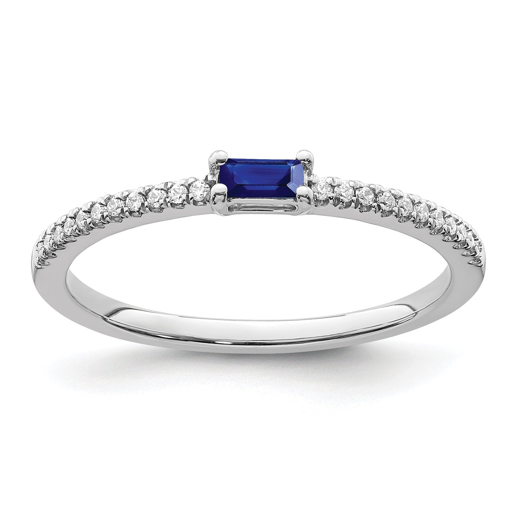 Baguette Blue Sapphire and Diamond Prong 14K White Gold Pave Classic Ring
