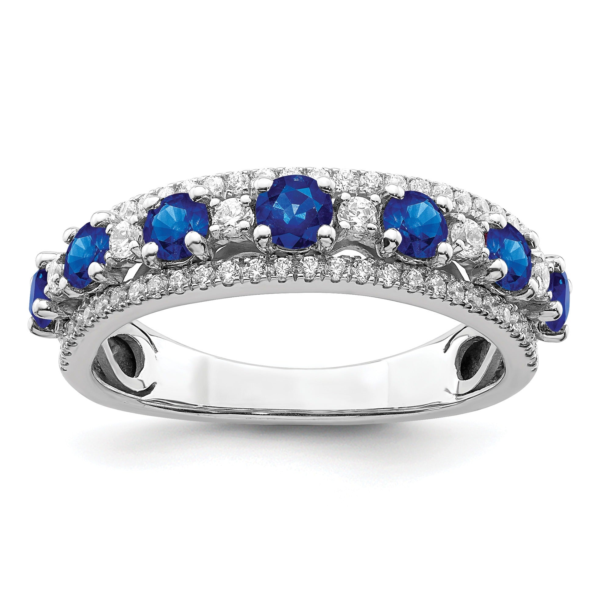 1.58 Ct Round Blue Sapphire & Diamond Prong 14K White Gold Statement Band Ring
