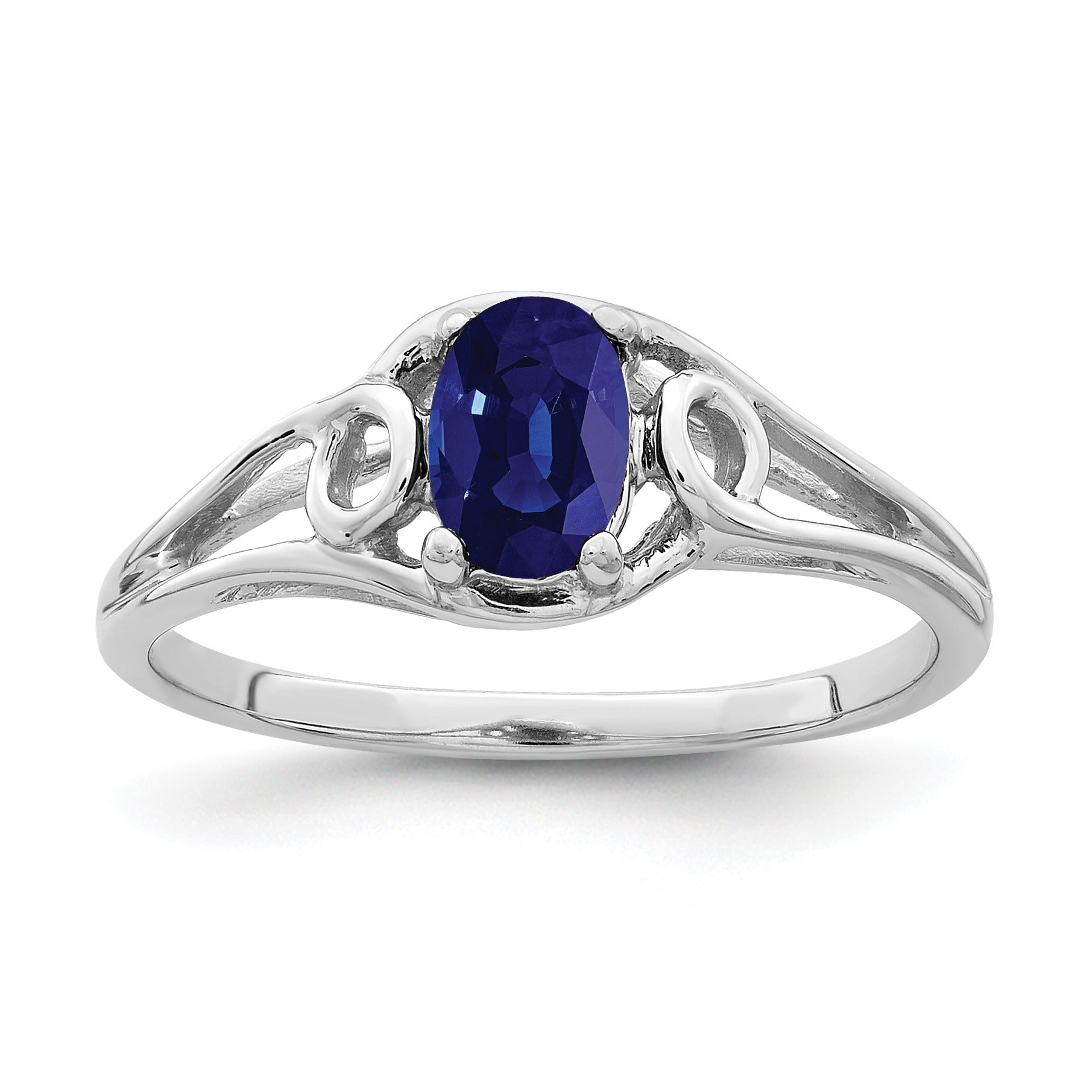 Oval Blue Sapphire Prong 14K White Gold Solitaire Swirl Band Ring