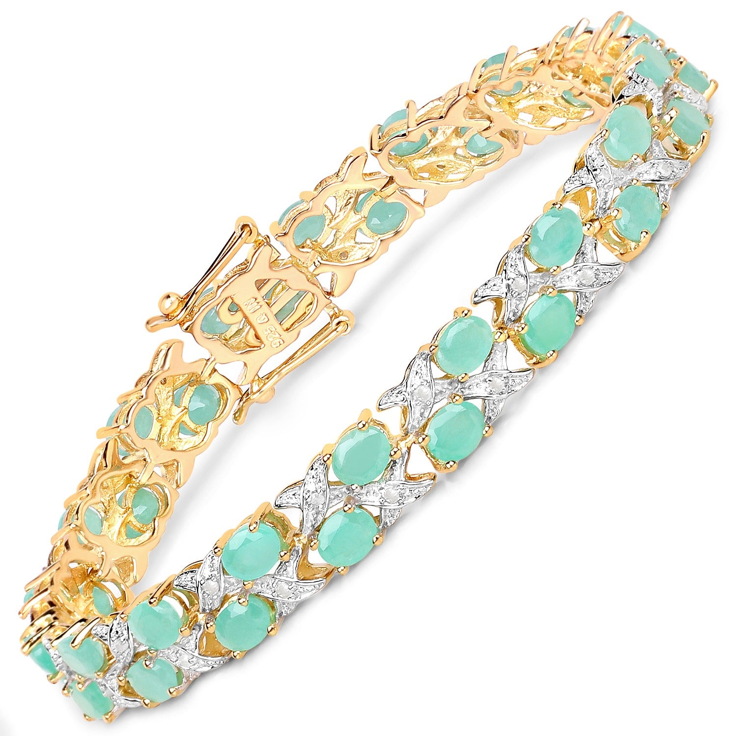10.37 Ct Genuine Emerald and Diamond Yellow Gold Plated Silver Two Row X-Link Bracelet
