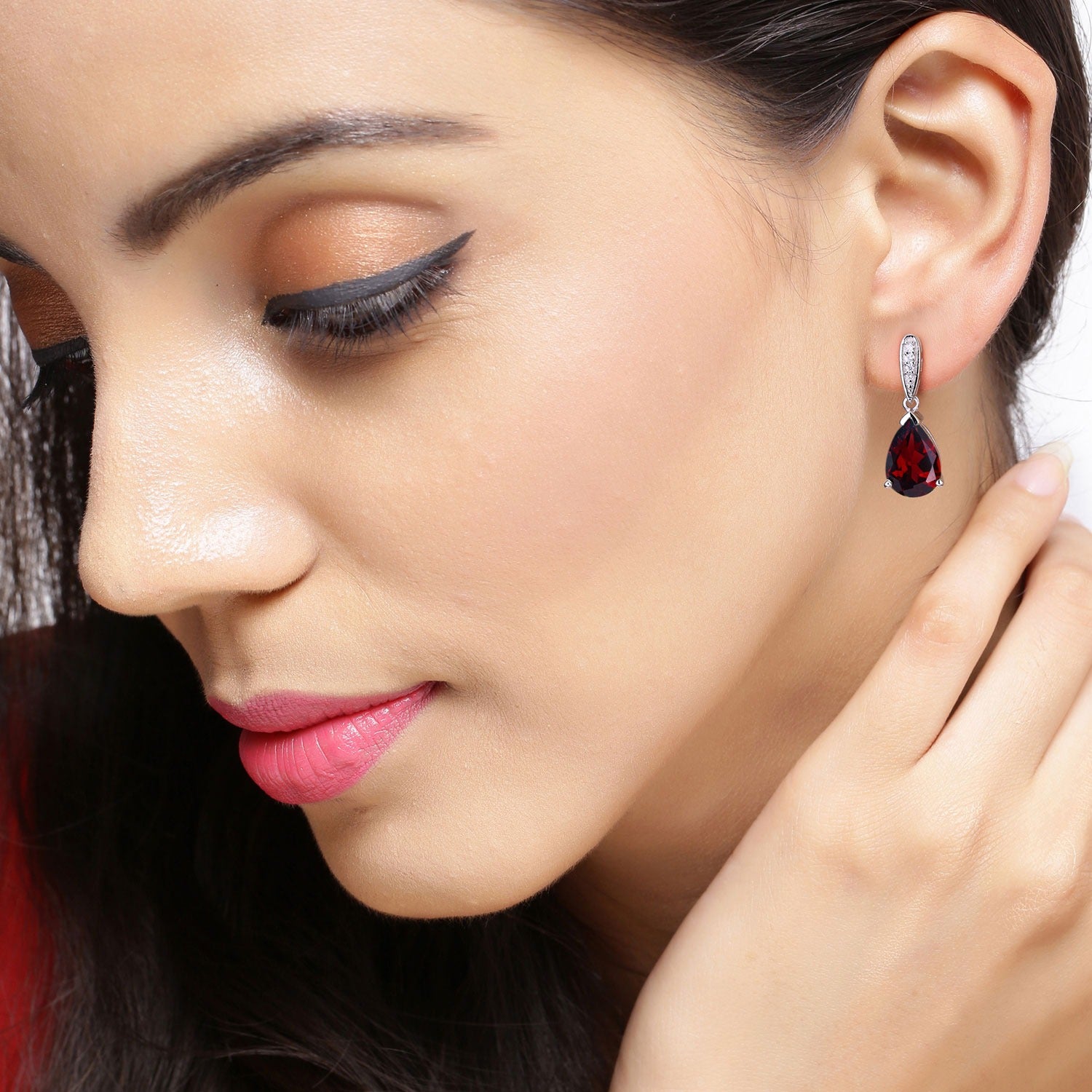 Genuine Mozambique Garnet and Lab Diamond Silver Earrings Fine Color Jewels