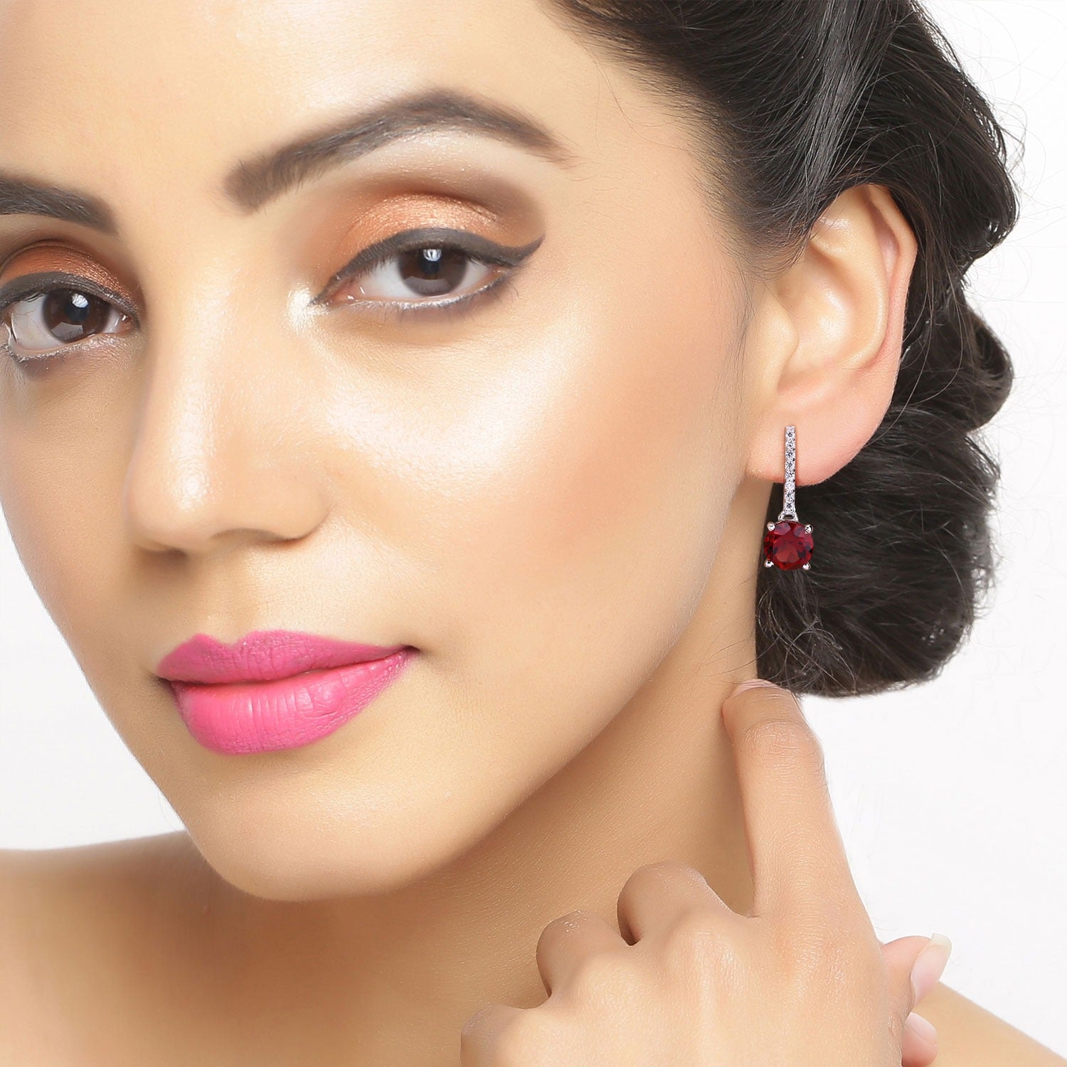 Genuine Mozambique Garnet and Lab Diamond Silver Earrings